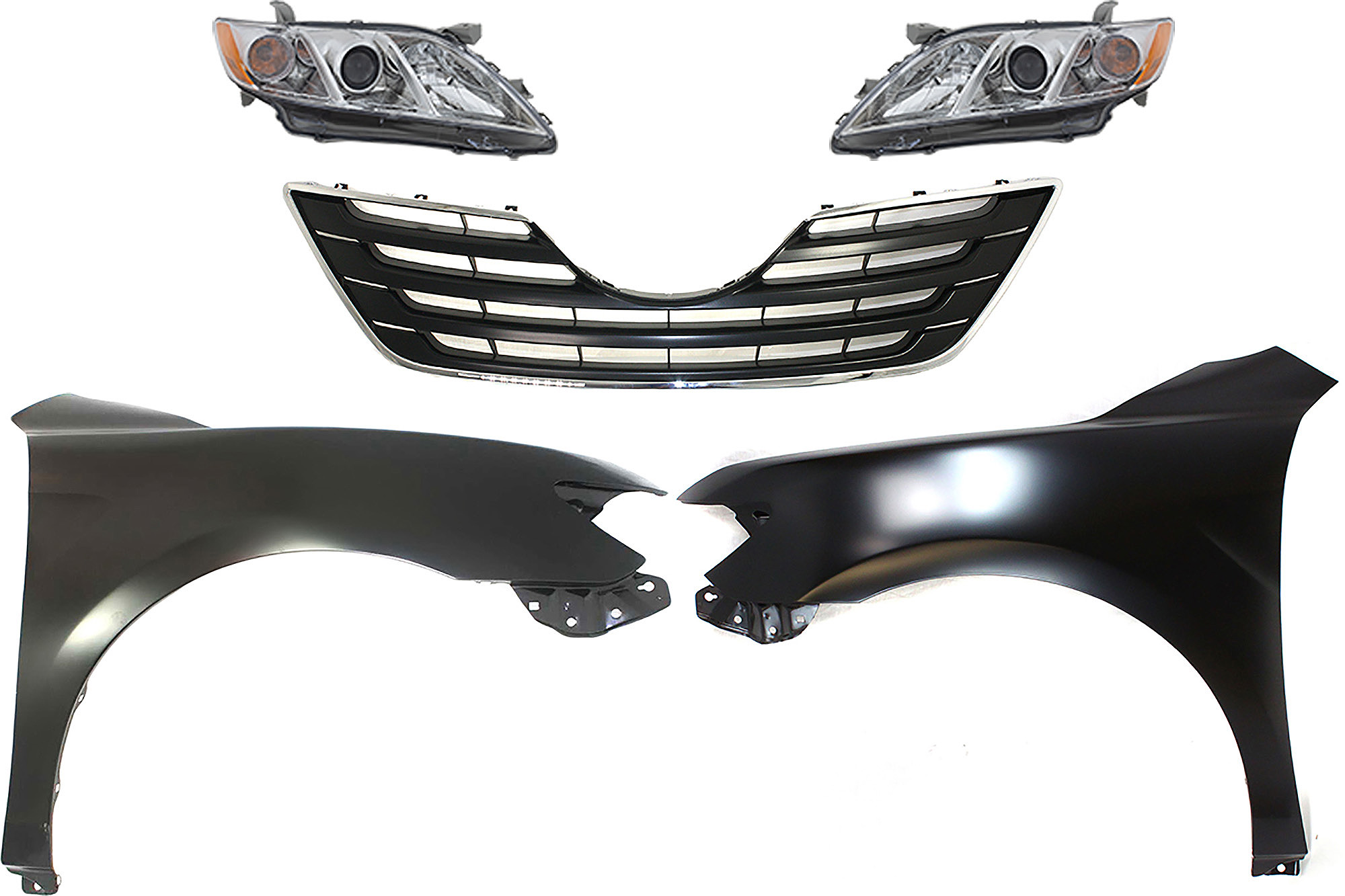 AM CAMRY 07-09 HEAD LAMP RH AND LH Assembly Halogen 5 pc Kit with Fenders and Grille Assembly CAPA SKU KIT 031323-29 Partslink TO1200289 TO1240211C TO1241211C TO2502197C TO2503197C OEM 5310106080C0-5380106110-538020