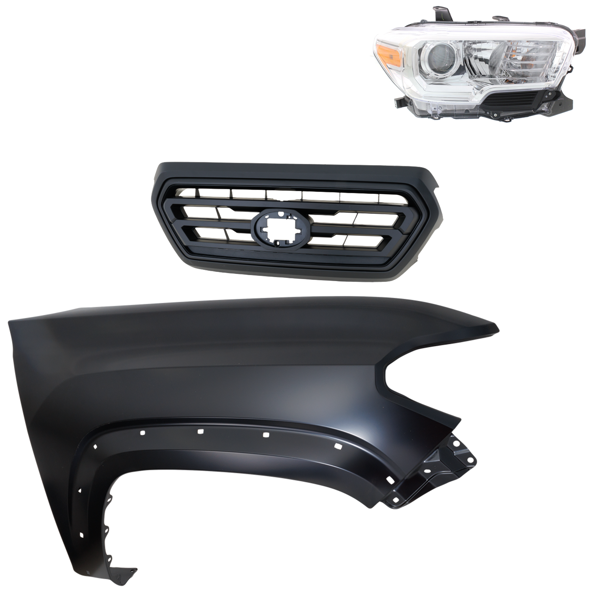 AM TACOMA 18-18 GRILLE Upper 3 pc Kit with Fender and Headlight SKU KIT 031323-30101 Partslink TO1200478 TO1241262 TO2503242 OEM 5310104070C0-5310104070A0-5381