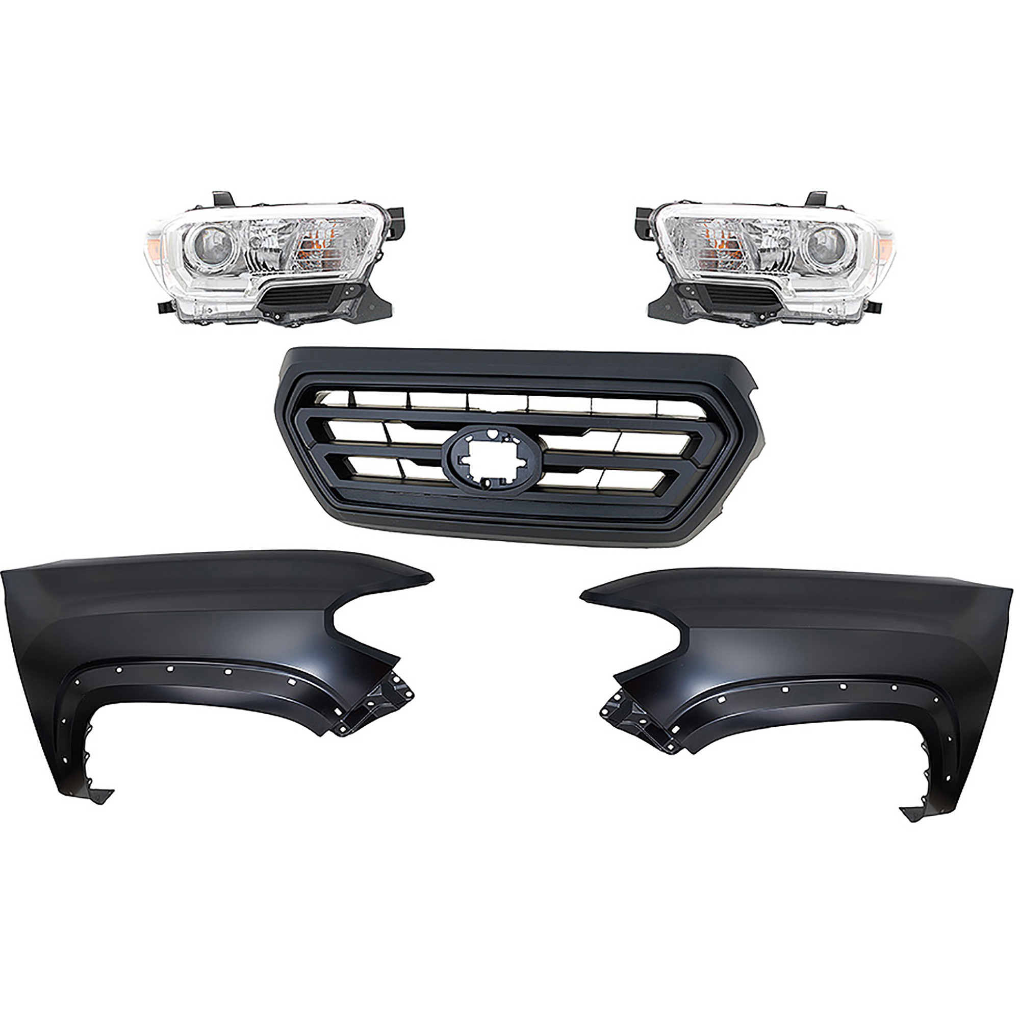 AM TACOMA 18-18 HEAD LAMP RH AND LH Assembly Halogen 5 pc Kit with Fender and Grille Assembly SKU KIT 031323-301 Partslink TO2502242 TO2503242 TO1241262 TO1240262 TO1200478 OEM 8111004250-8115004250-53811041