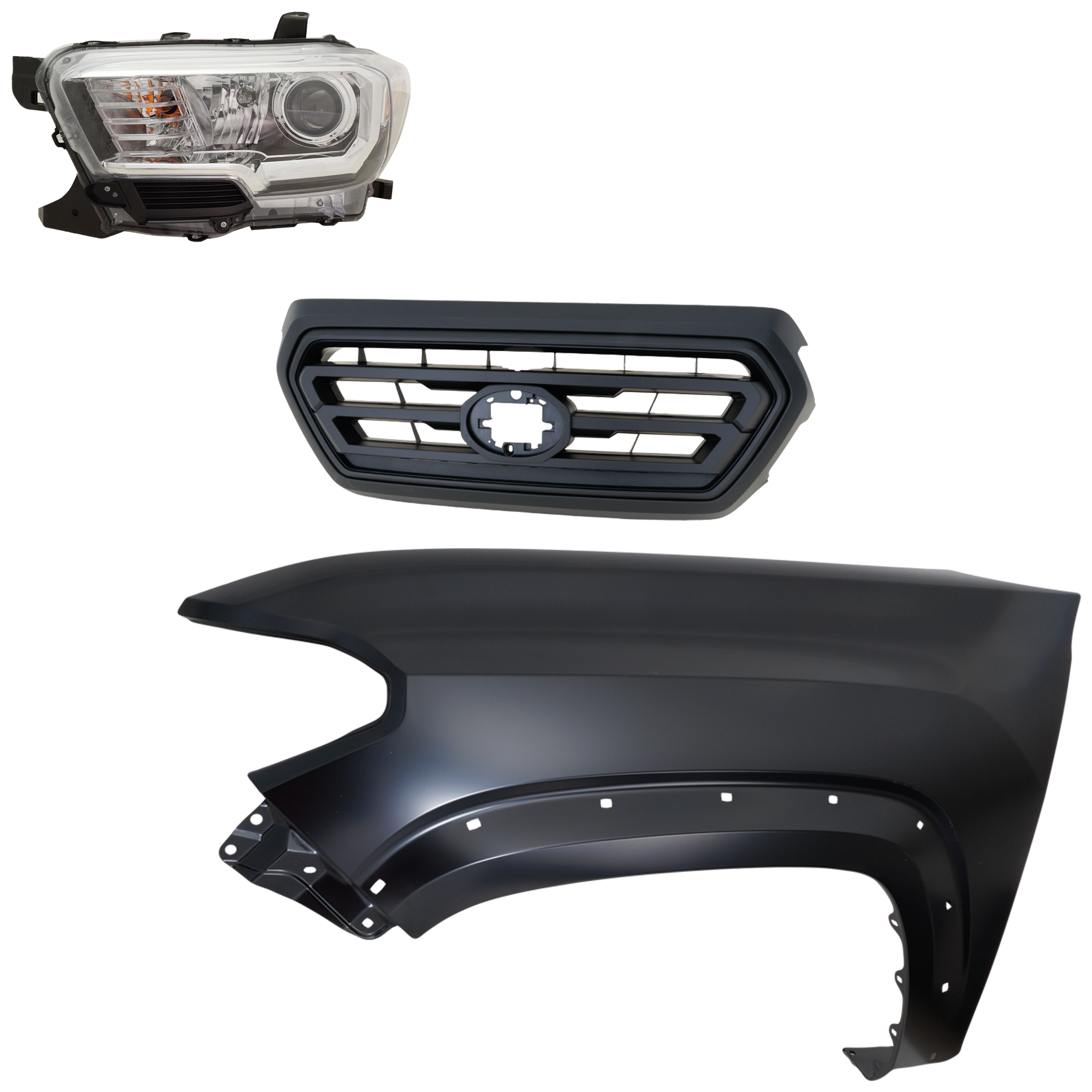 AM TACOMA 18-18 HEAD LAMP LH Assembly Halogen 3 pc Kit with Fender and Grille Assembly SKU KIT 031323-30202 Partslink TO2502266 TO1240262 TO1200478 OEM 8115004261-5381204120-53101040
