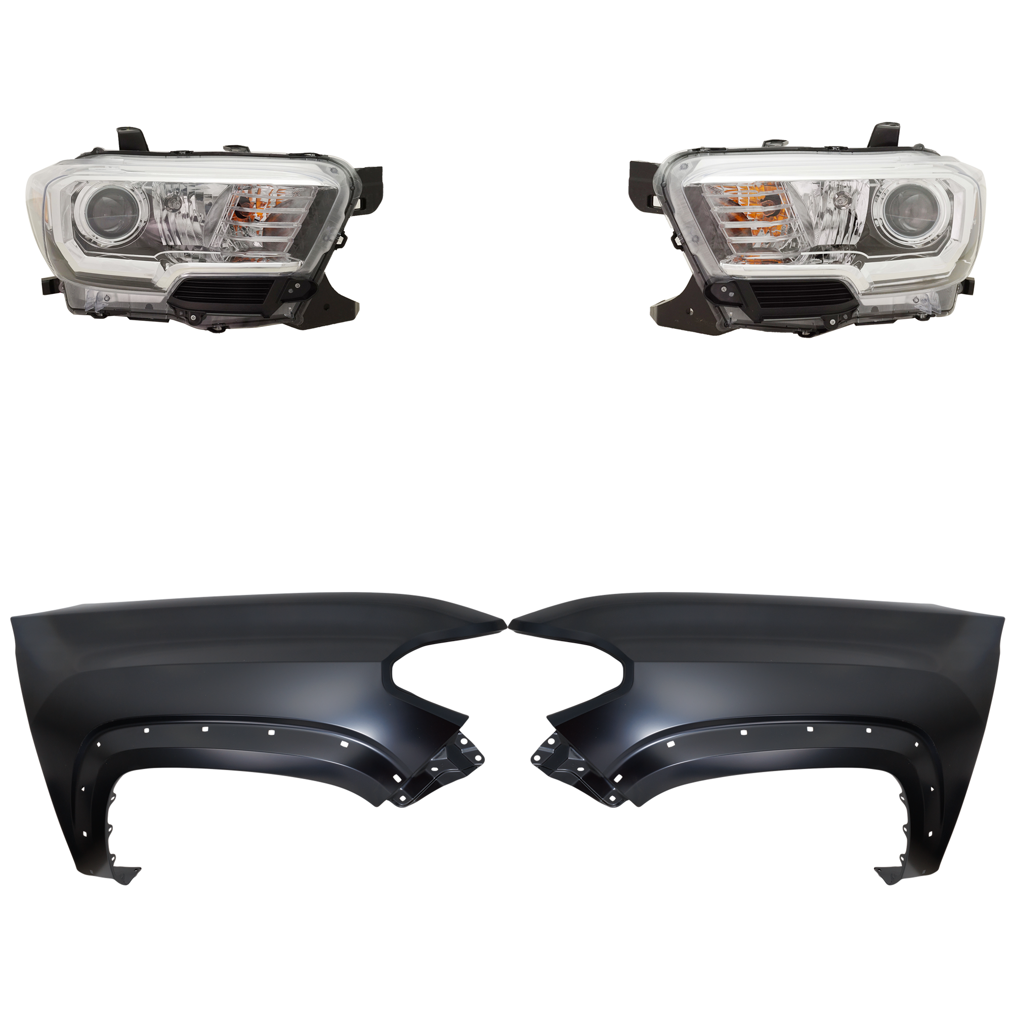 AM TACOMA 18-18 HEAD LAMP RH AND LH Assembly Halogen 4 pc Kit with Fender SKU KIT 031323-30203 Partslink TO2503266 TO2502266 TO1240262 TO1241262 OEM 8111004261-8115004261-53812041