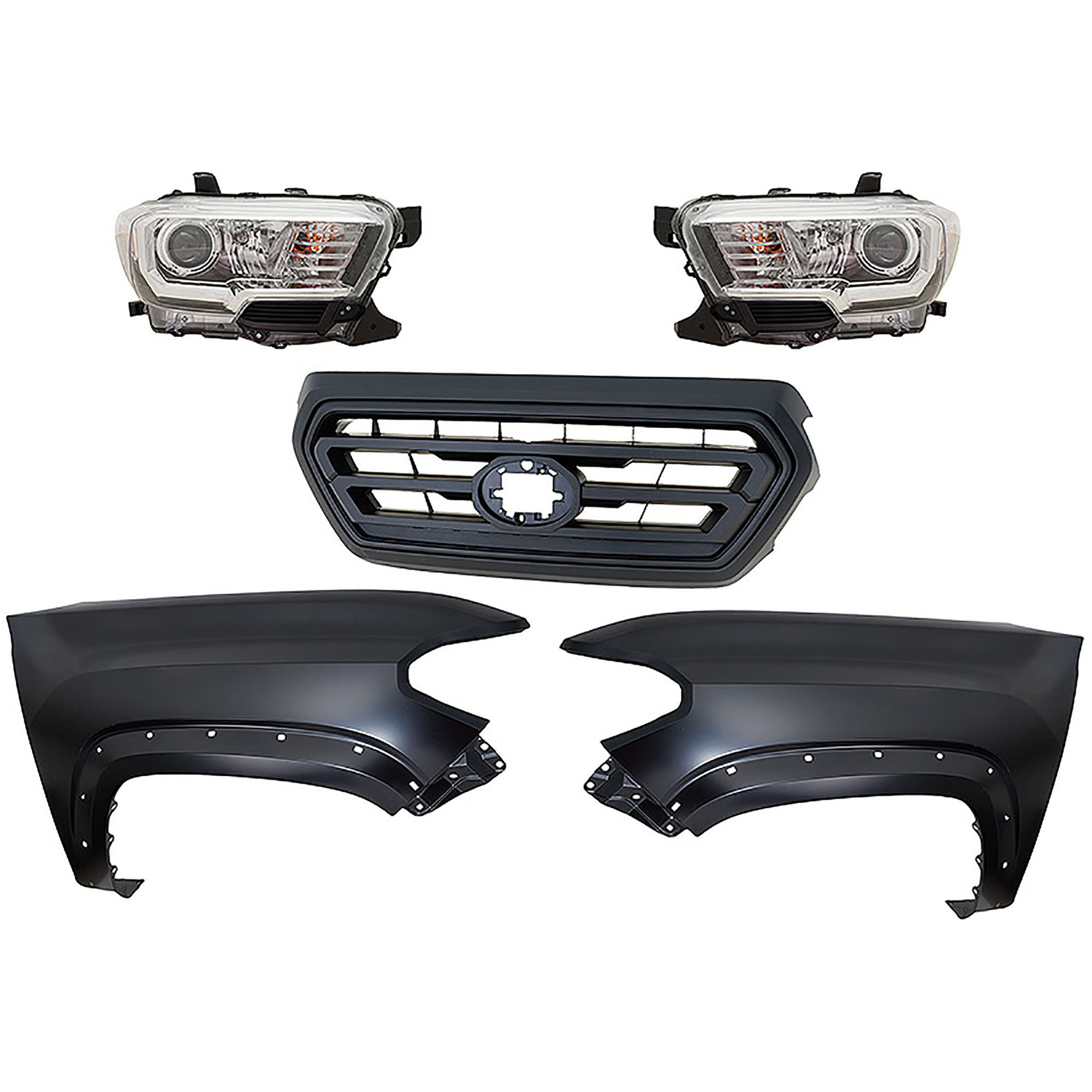 AM TACOMA 18-18 HEAD LAMP RH AND LH Assembly Halogen 5 pc Kit with Fender and Grille Assembly SKU KIT 031323-302 Partslink TO2502266 TO2503266 TO1241262 TO1240262 TO1200478 OEM 8111004261-8115004261-53811041