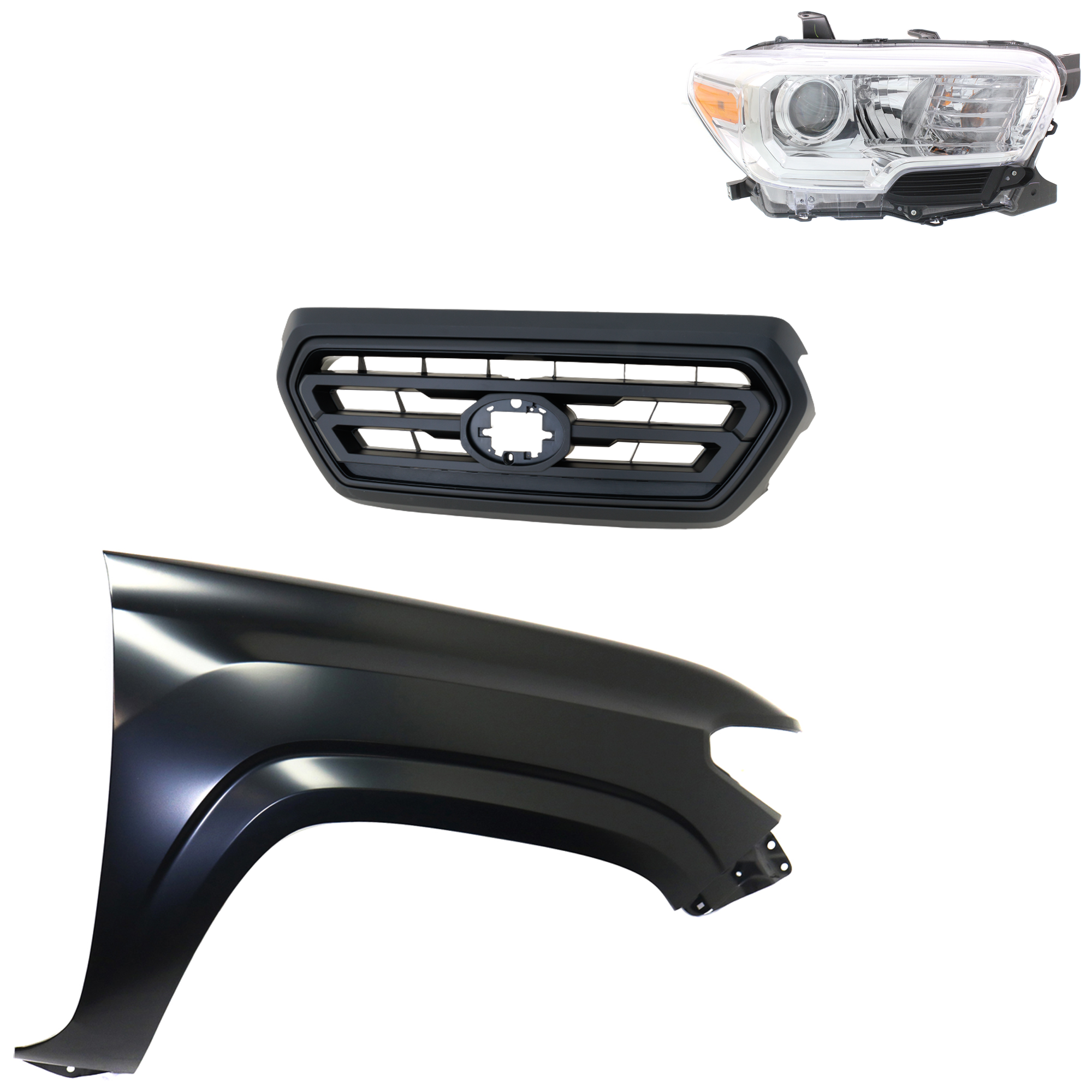 AM TACOMA 18-18 GRILLE Upper 3 pc Kit with Fender and Headlight SKU KIT 031323-30301 Partslink TO1200478 TO1241261 TO2503242 OEM 5310104070C0-5310104070A0-5381