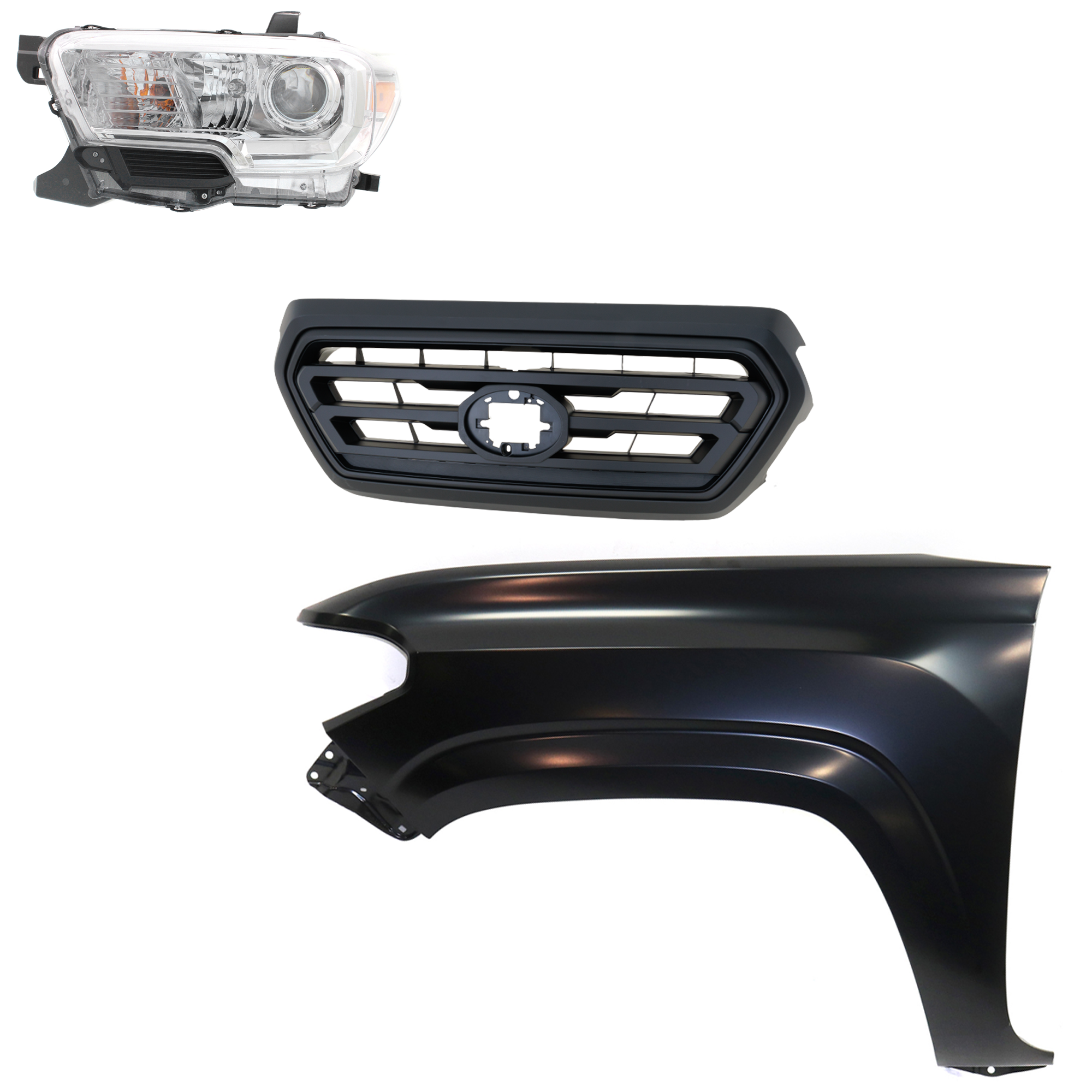 AM TACOMA 18-18 HEAD LAMP LH Assembly Halogen 3 pc Kit with Fender and Grille Assembly SKU KIT 031323-30302 Partslink TO2502242 TO1240261 TO1200478 OEM 8115004250-5381204110-53101040