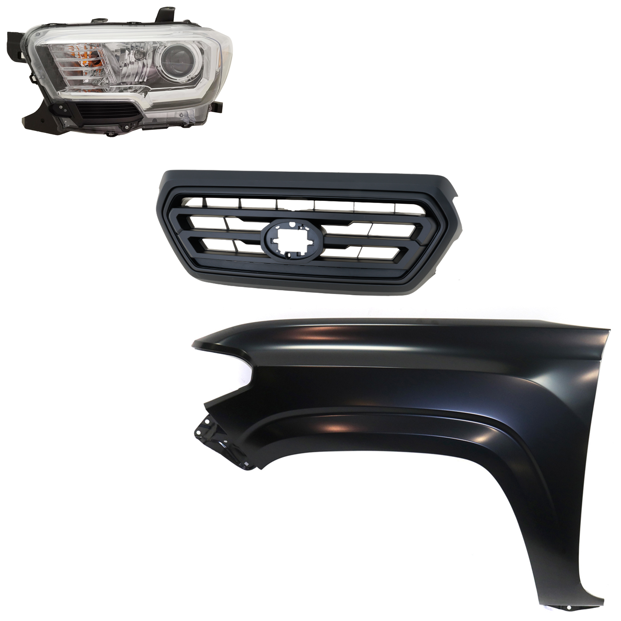 AM TACOMA 18-18 HEAD LAMP LH Assembly Halogen 3 pc Kit with Fender and Grille Assembly SKU KIT 031323-30402 Partslink TO2502266 TO1240261 TO1200478 OEM 8115004261-5381204110-53101040