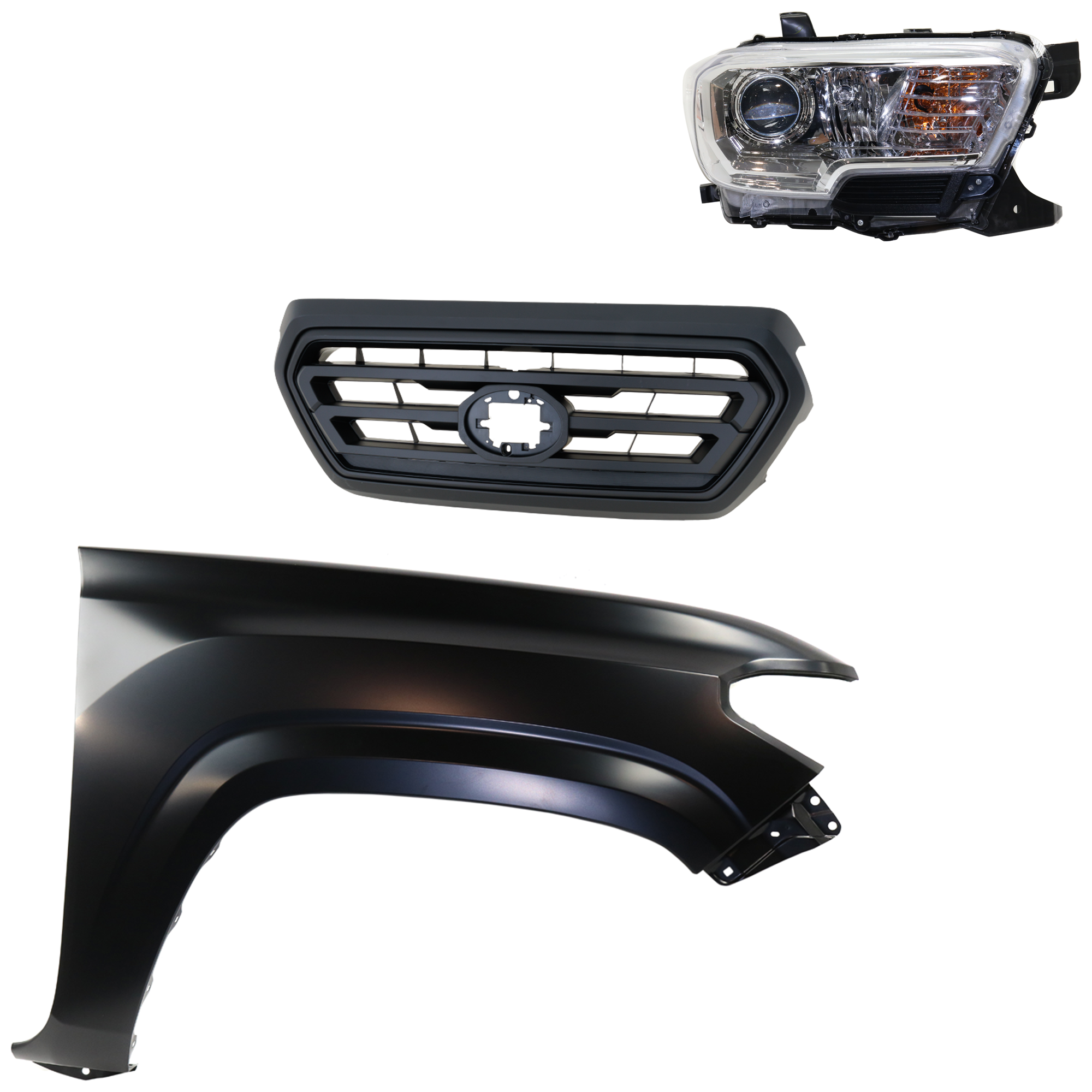 AM TACOMA 18-18 GRILLE Upper 3 pc Kit with Fender and Headlight SKU KIT 031323-30701 Partslink TO1200478 TO1241261C TO2503242C OEM 5310104070C0-5310104070A0-5381