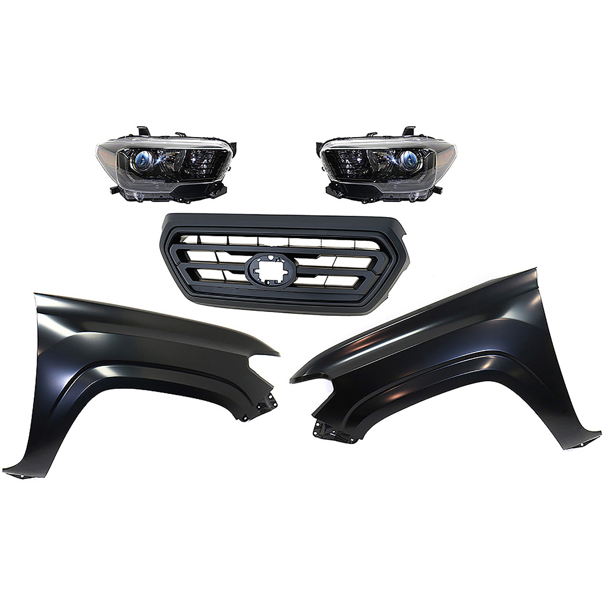 AM TACOMA 18-19 HEAD LAMP RH AND LH Assembly Halogen 5 pc Kit with Fenders and Grille Assembly SKU KIT 031323-310 Partslink TO2502254 TO2503254 TO1241261 TO1240261 TO1200478 OEM 8111004280-8115004280-53811041