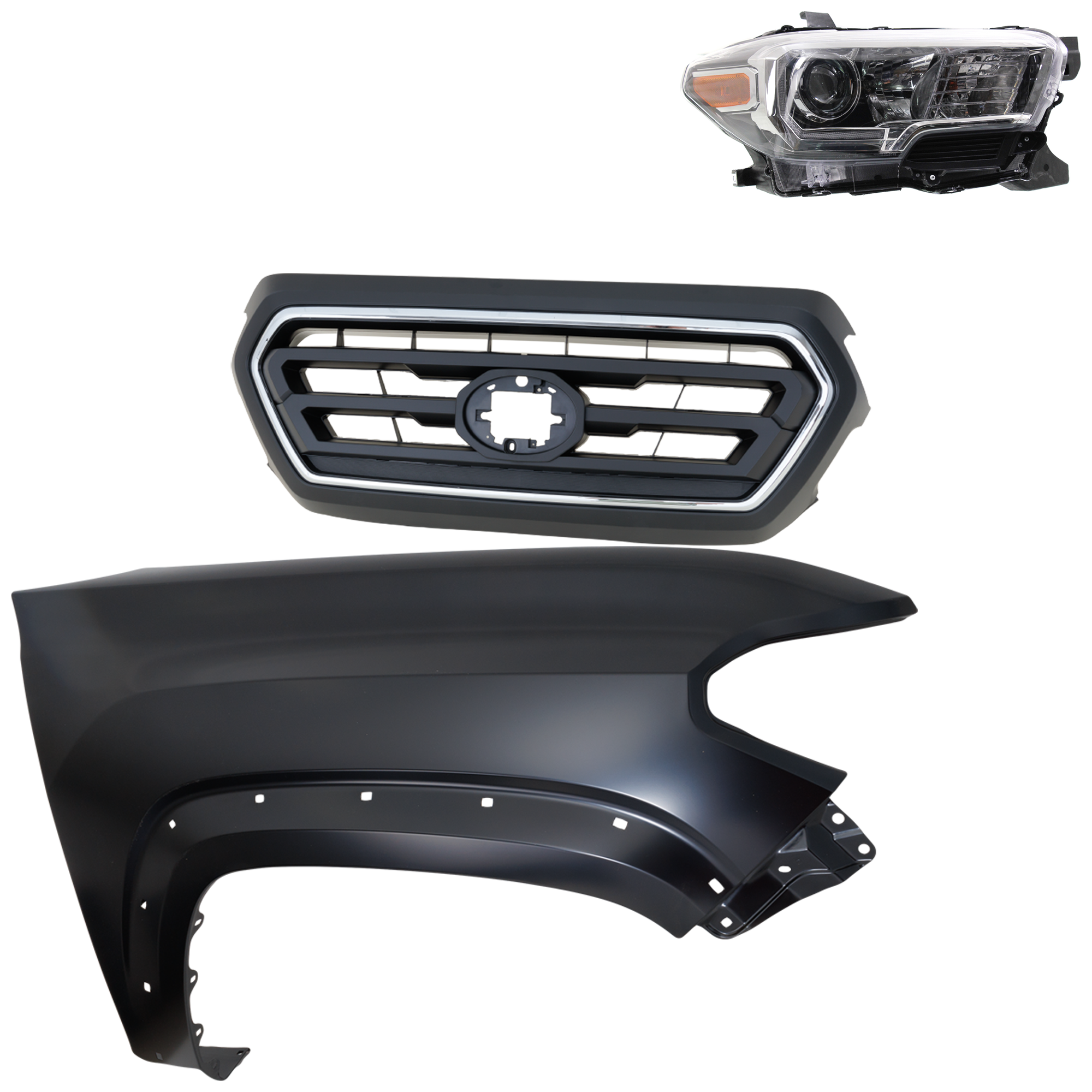 AM TACOMA 20-23 GRILLE Upper 3 pc Kit with Fender and Headlight SKU KIT 031323-31401 Partslink TO1200469 TO1241262 TO2503244 OEM 5310104080C0-5310104080A0-5381