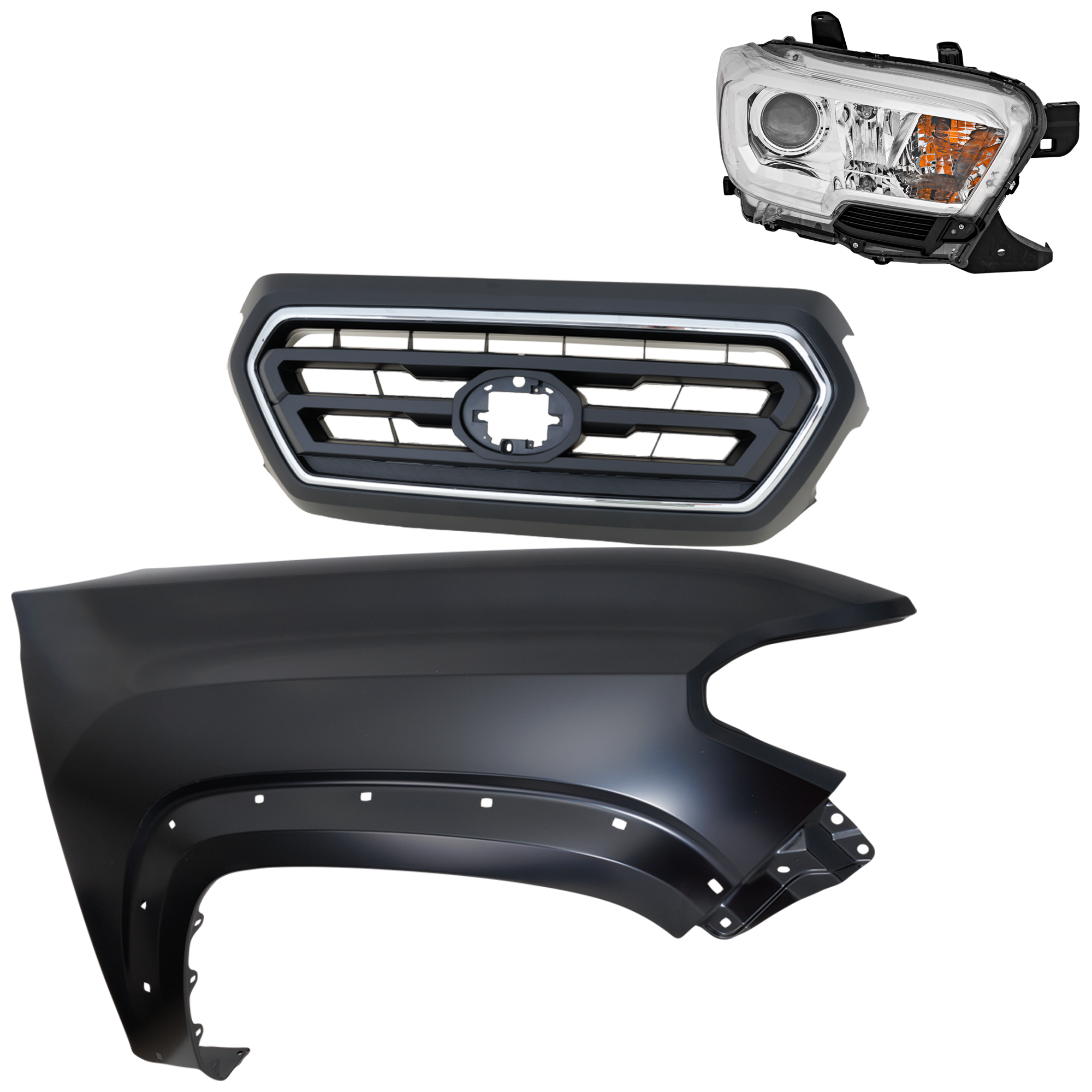 AM TACOMA 20-23 GRILLE Upper 3 pc Kit with Fender and Headlight SKU KIT 031323-31501 Partslink TO1200469 TO1241262 TO2503284 OEM 5310104080C0-5310104080A0-5381