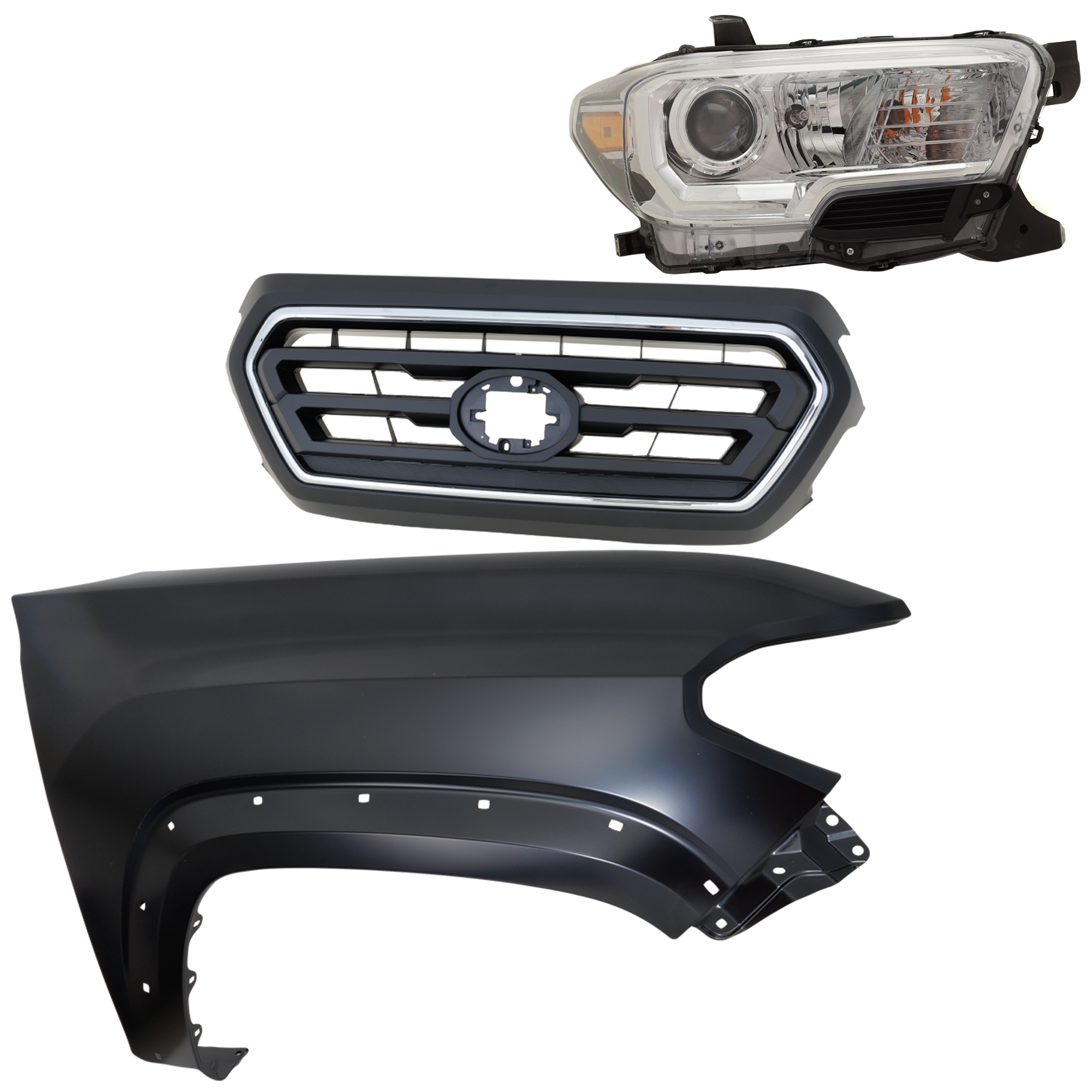 AM TACOMA 20-23 GRILLE Upper 3 pc Kit with Fender and Headlight SKU KIT 031323-31601 Partslink TO1200469 TO1241262 TO2503276 OEM 5310104080C0-5310104080A0-5381