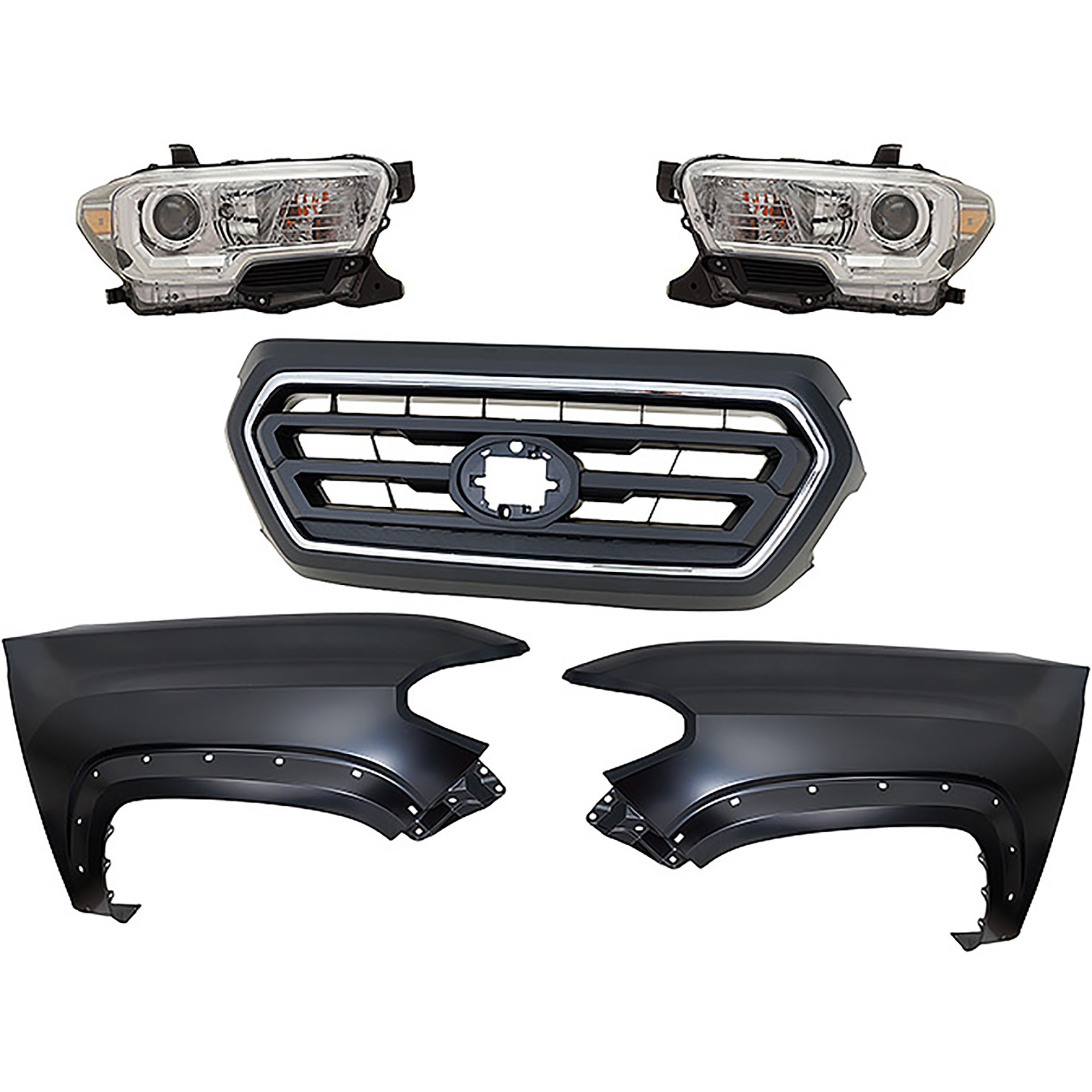 AM TACOMA 20-23 HEAD LAMP RH AND LH Assembly Halogen 5 pc Kit with Fender and Grille Assembly SKU KIT 031323-316 Partslink TO2502276 TO2503276 TO1241262 TO1240262 TO1200469 OEM 8111004262-8115004262-53811041