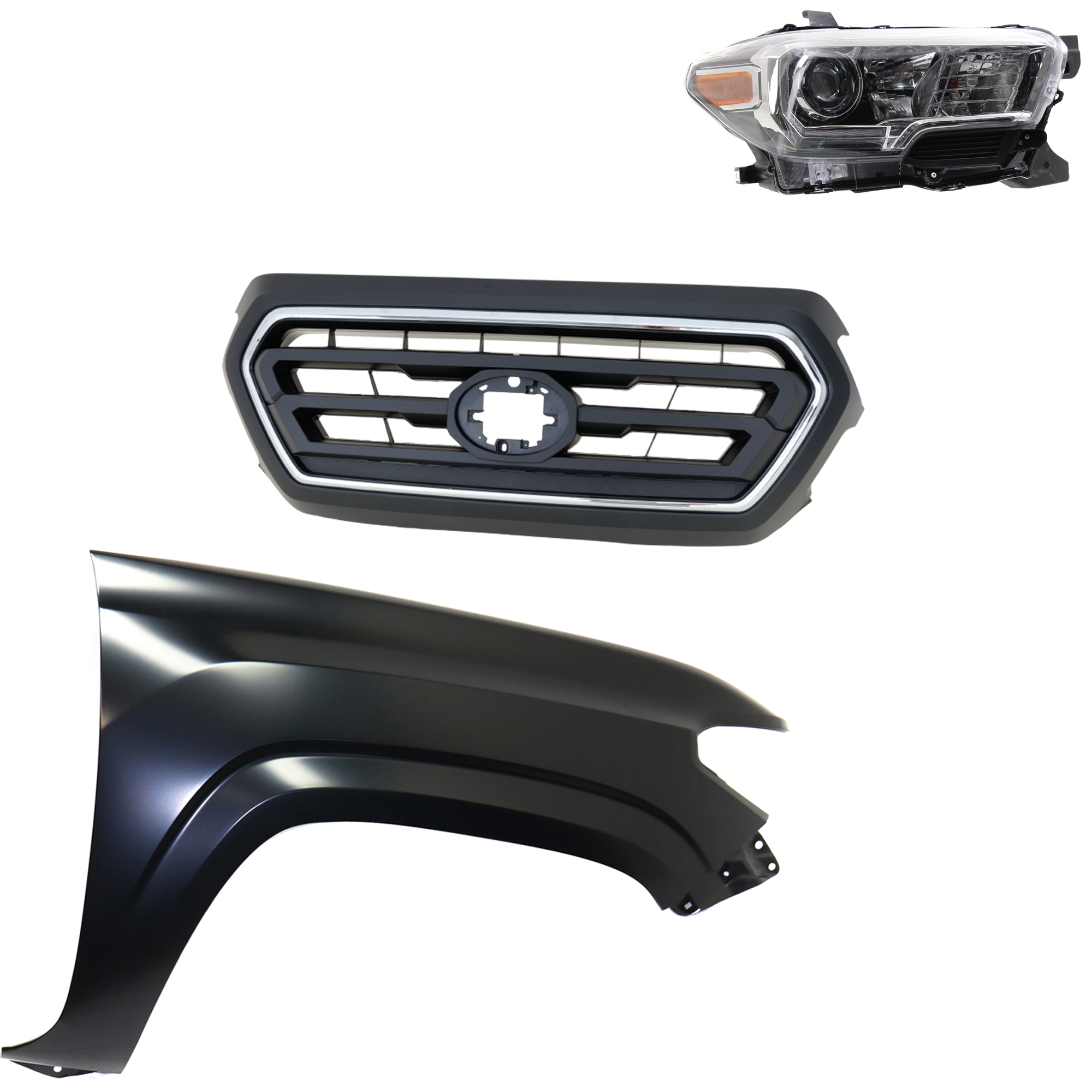 AM TACOMA 20-23 GRILLE Upper 3 pc Kit with Fender and Headlight SKU KIT 031323-31701 Partslink TO1200469 TO1241261 TO2503244 OEM 5310104080C0-5310104080A0-5381