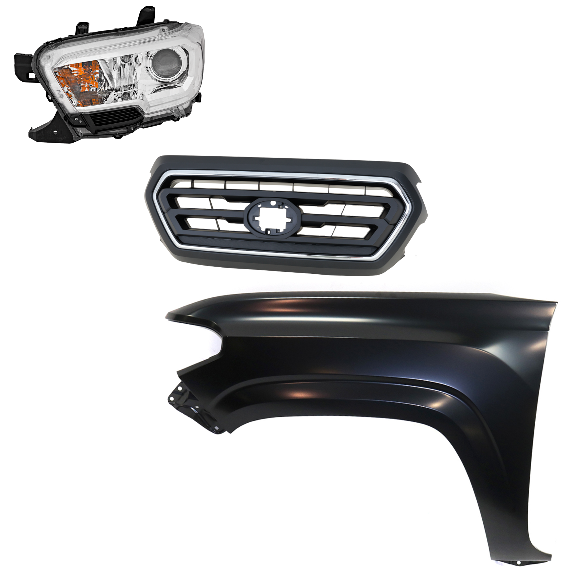 AM TACOMA 20-23 HEAD LAMP LH Assembly Halogen 3 pc Kit with Fender and Grille Assembly SKU KIT 031323-31802 Partslink TO2502284 TO1240261 TO1200469 OEM 8115004251-5381204110-53101040