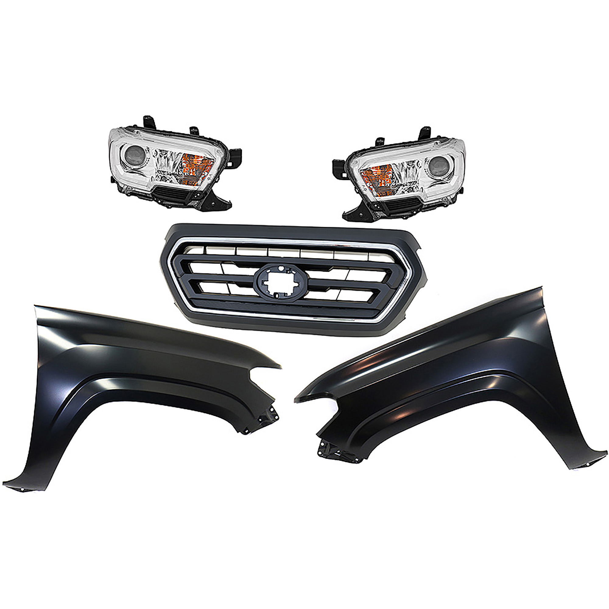 AM TACOMA 20-23 HEAD LAMP RH AND LH Assembly Halogen 5 pc Kit with Fenders and Grille Assembly SKU KIT 031323-318 Partslink TO2502284 TO2503284 TO1241261 TO1240261 TO1200469 OEM 8111004251-8115004251-53811041