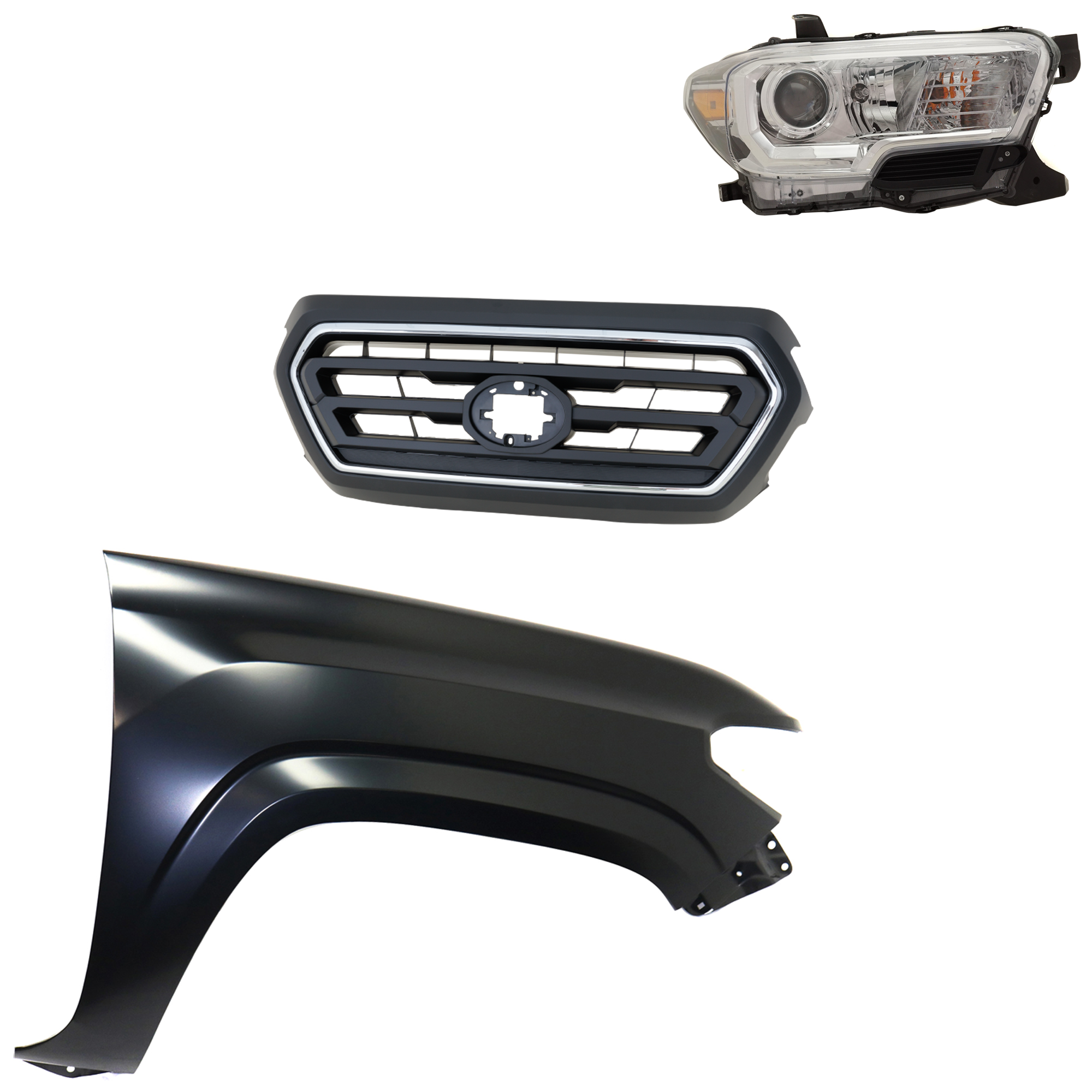 AM TACOMA 20-23 GRILLE Upper 3 pc Kit with Fender and Headlight SKU KIT 031323-31901 Partslink TO1200469 TO1241261 TO2503276 OEM 5310104080C0-5310104080A0-5381