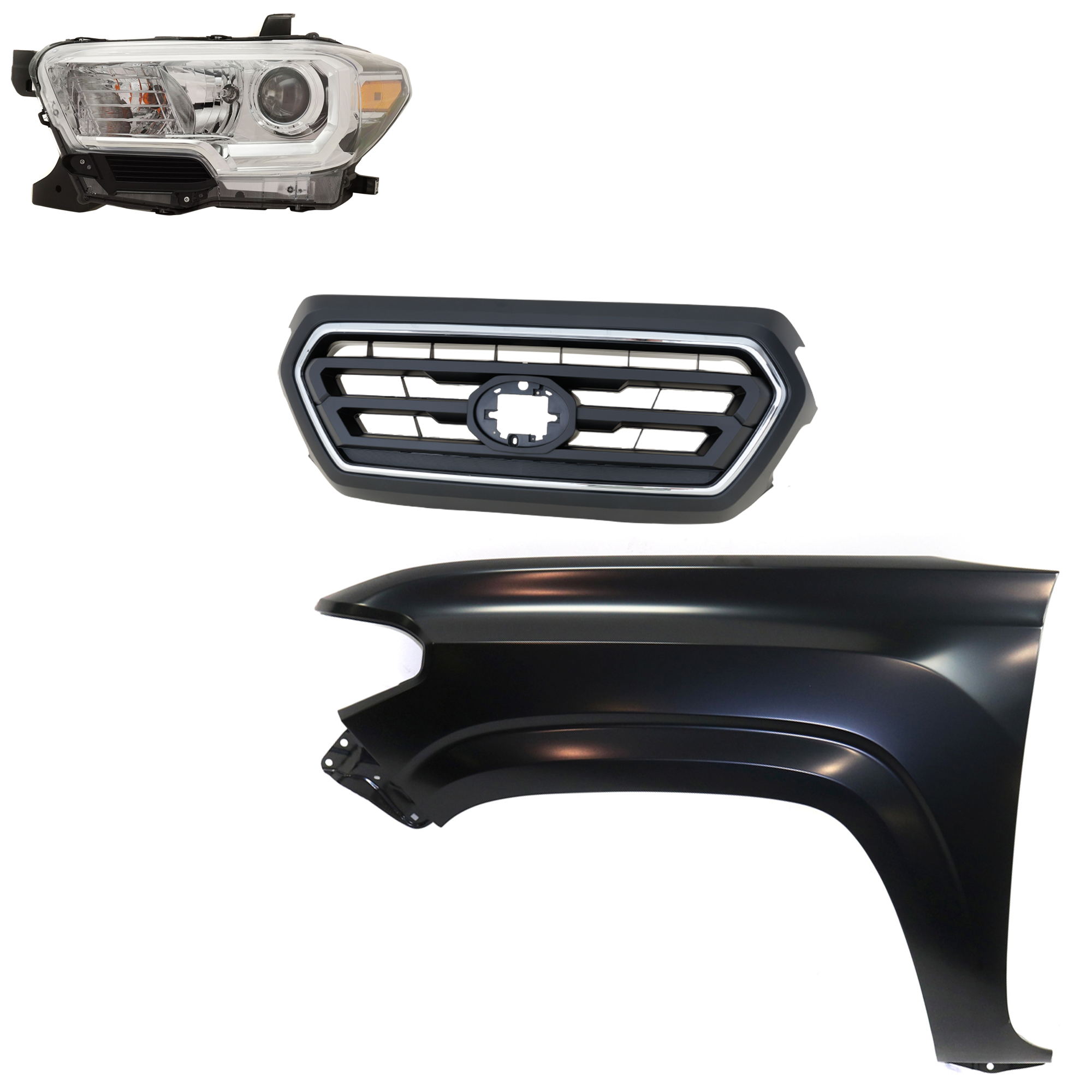 AM TACOMA 20-23 HEAD LAMP LH Assembly Halogen 3 pc Kit with Fender and Grille Assembly SKU KIT 031323-31902 Partslink TO2502276 TO1240261 TO1200469 OEM 8115004262-5381204110-53101040