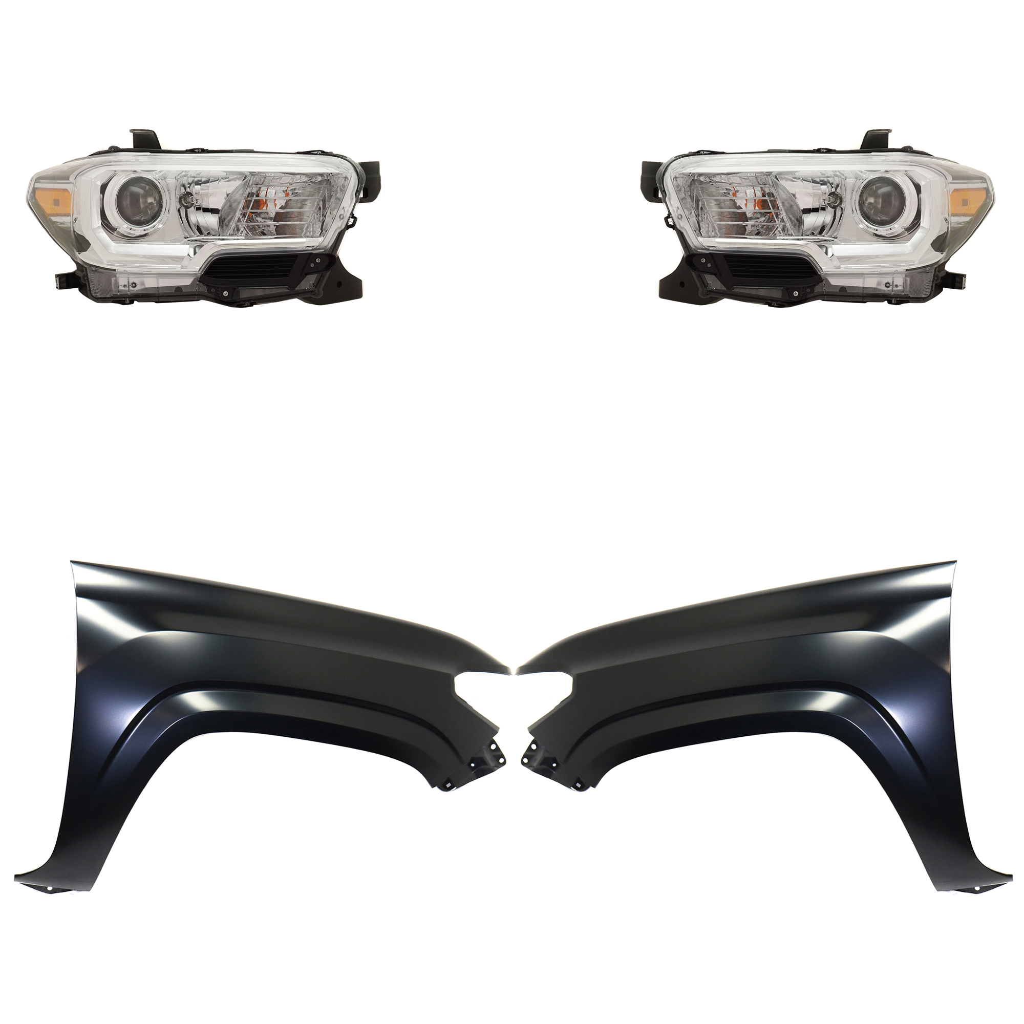 AM TACOMA 19-23 HEAD LAMP RH AND LH Assembly Halogen 4 pc Kit with Fenders SKU KIT 031323-31903 Partslink TO2502276 TO2503276 TO1240261 TO1241261 OEM 8111004262-8115004262-53812041