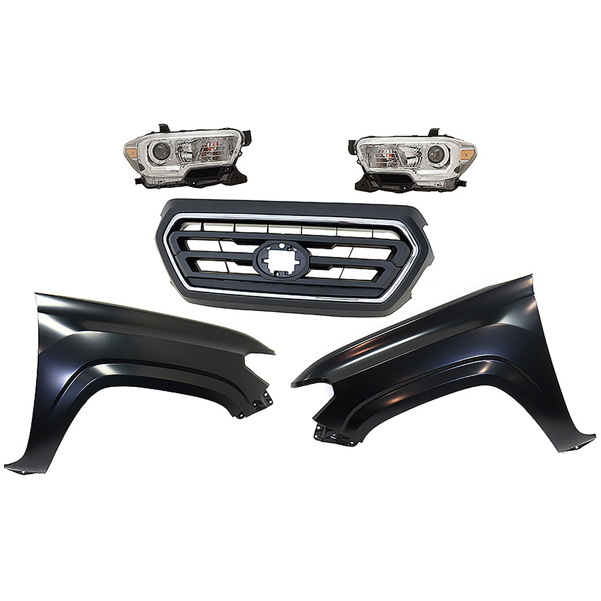 AM TACOMA 20-23 HEAD LAMP RH AND LH Assembly Halogen 5 pc Kit with Fenders and Grille Assembly SKU KIT 031323-319 Partslink TO2502276 TO2503276 TO1241261 TO1240261 TO1200469 OEM 8111004262-8115004262-53811041