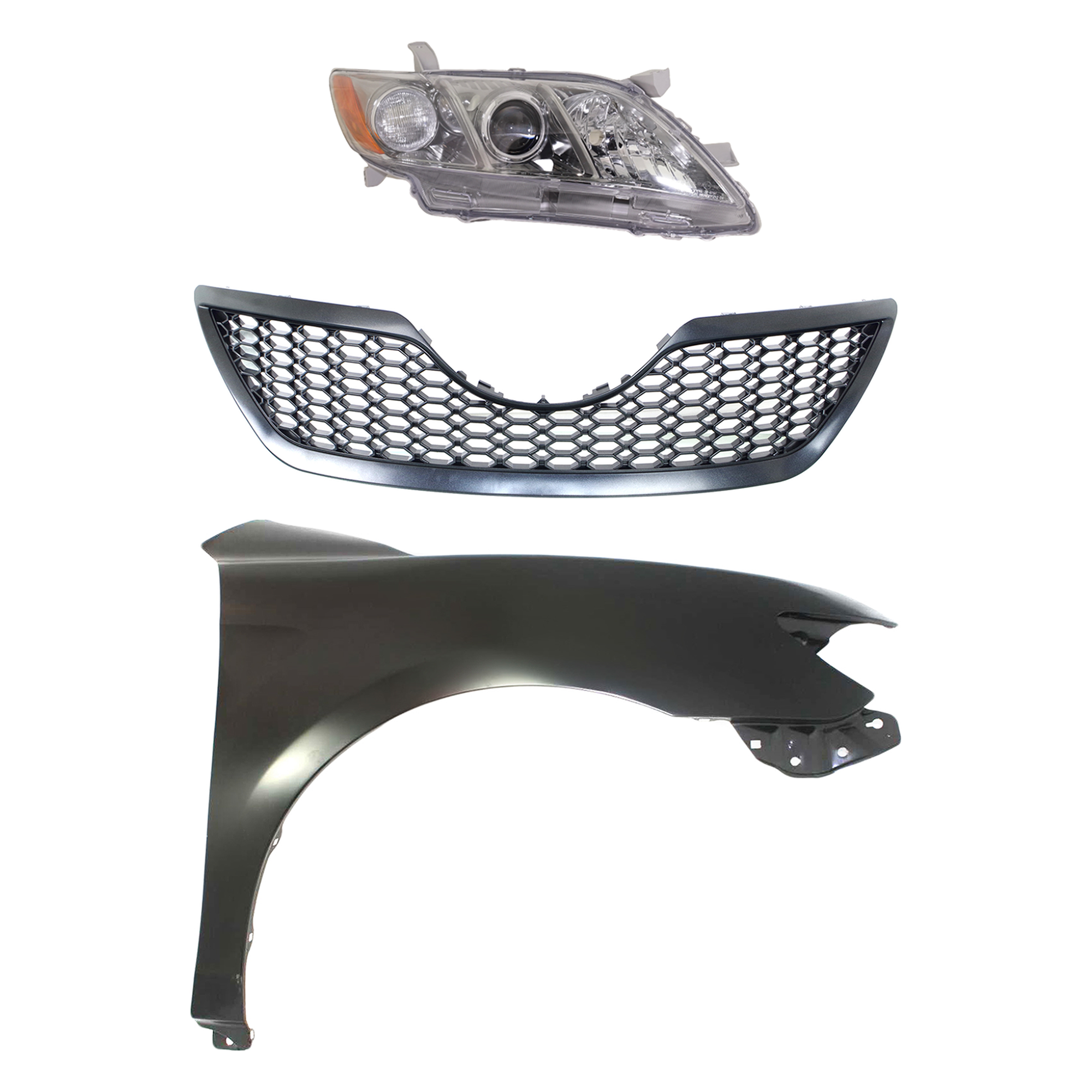 AM CAMRY 07-09 HEAD LAMP RH Lens and Housing Halogen 3 pc Kit with Fender and Grille Assembly CAPA SKU KIT 031323-3201 Partslink TO1200291 TO1241211C TO2519130C OEM 5310106180C0-5380106110-811300