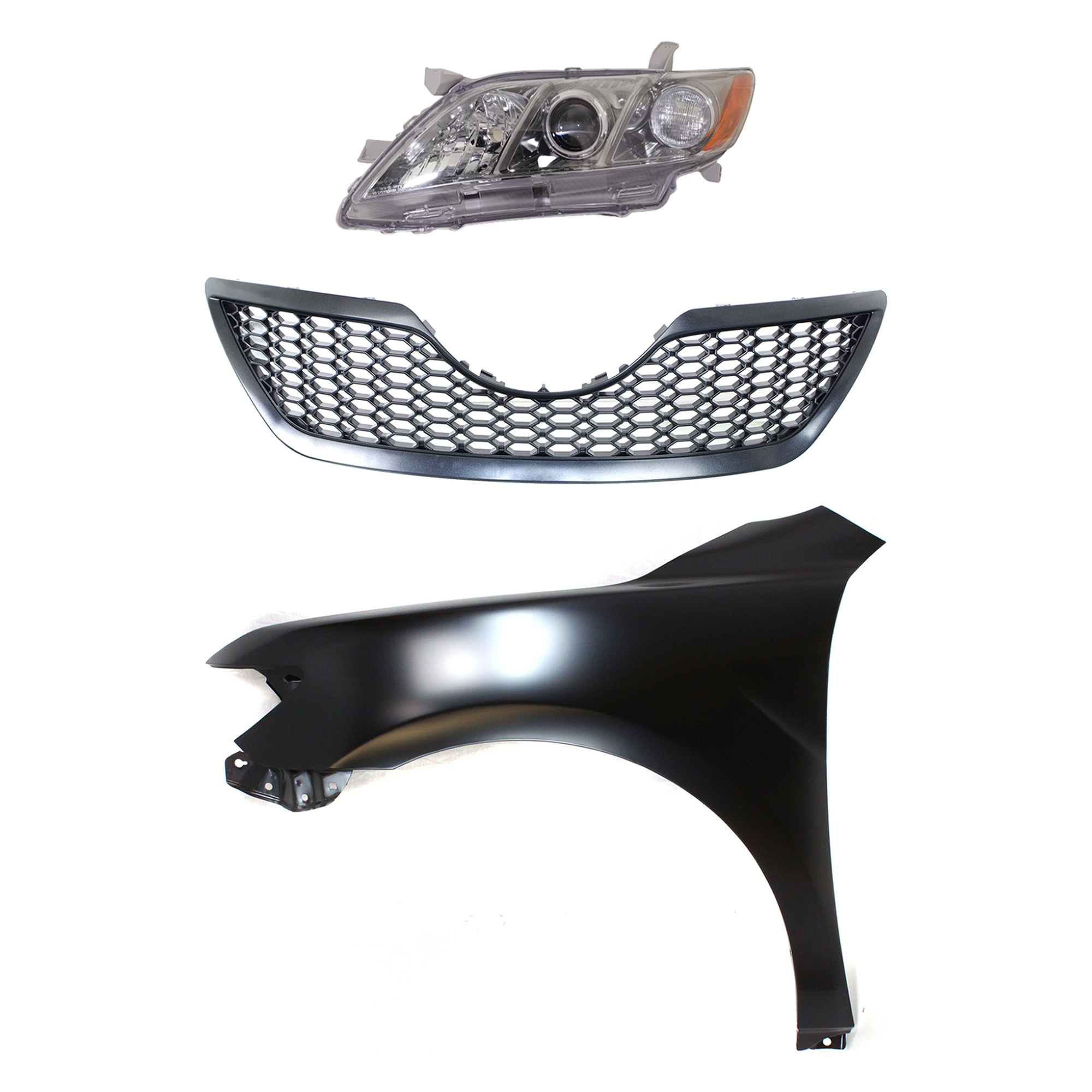 AM CAMRY 07-09 HEAD LAMP LH Lens and Housing Halogen 3 pc Kit with Fender and Grille Assembly CAPA SKU KIT 031323-3202 Partslink TO1200291 TO1240211C TO2518130C OEM 5310106180C0-5380206120-811700