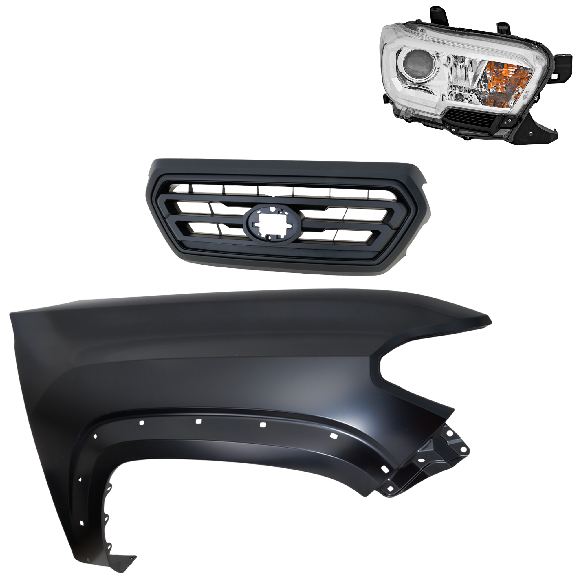 AM TACOMA 19-23 GRILLE Upper 3 pc Kit with Fender and Headlight SKU KIT 031323-32201 Partslink TO1200478 TO1241262 TO2503284 OEM 5310104070C0-5310104070A0-5381