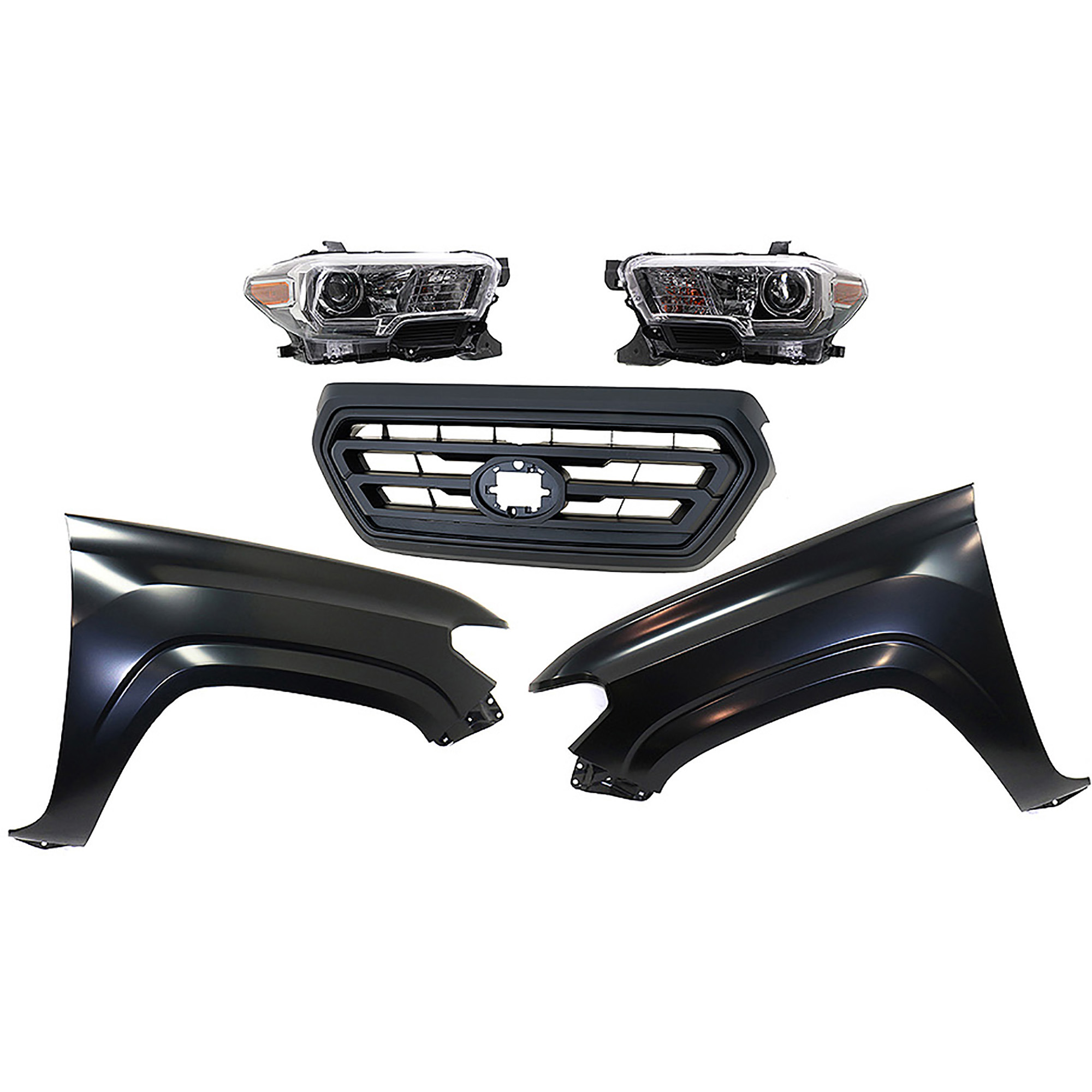 AM TACOMA 18-23 HEAD LAMP RH AND LH Assembly Halogen 5 pc Kit with Fenders and Grille Assembly SKU KIT 031323-324 Partslink TO2502244 TO2503244 TO1241261 TO1240261 TO1200478 OEM 8111004270-8115004270-53811041