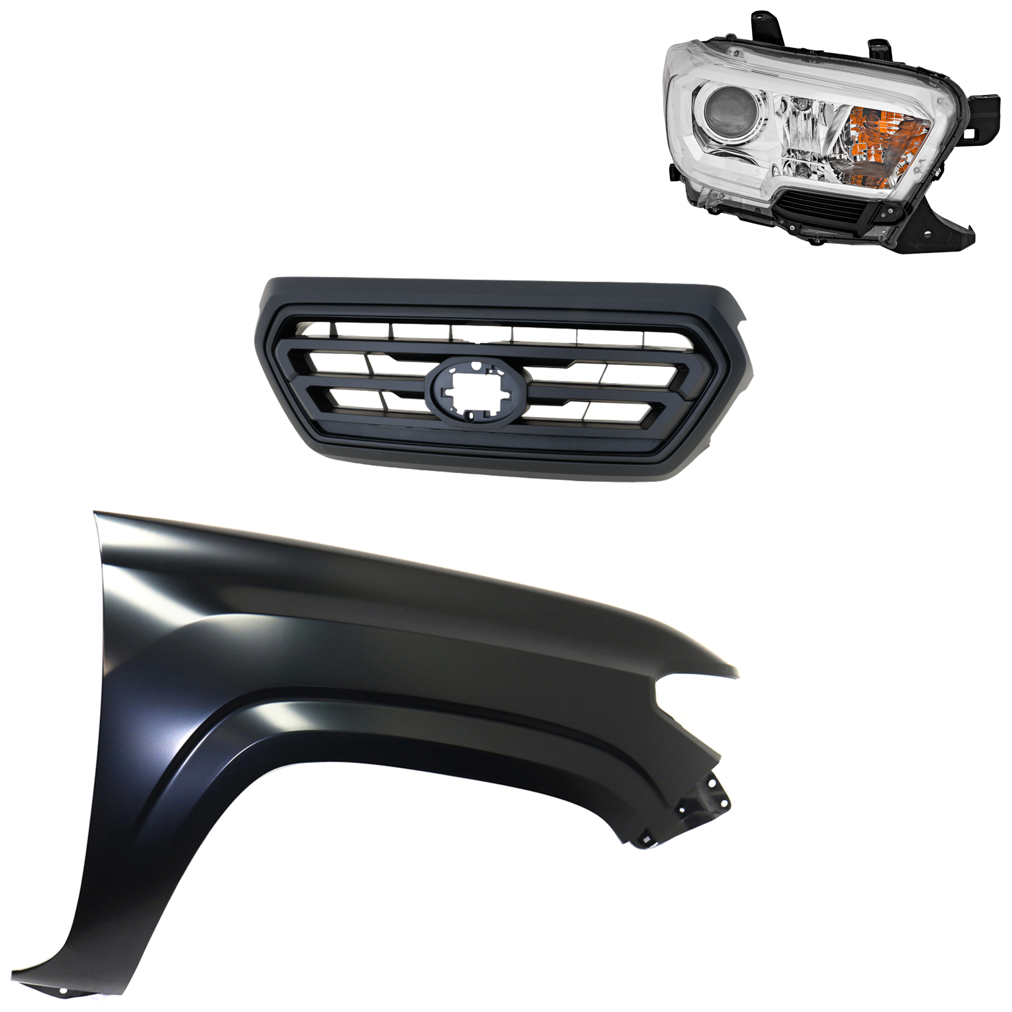 AM TACOMA 19-23 GRILLE Upper 3 pc Kit with Fender and Headlight SKU KIT 031323-32501 Partslink TO1200478 TO1241261 TO2503284 OEM 5310104070C0-5310104070A0-5381