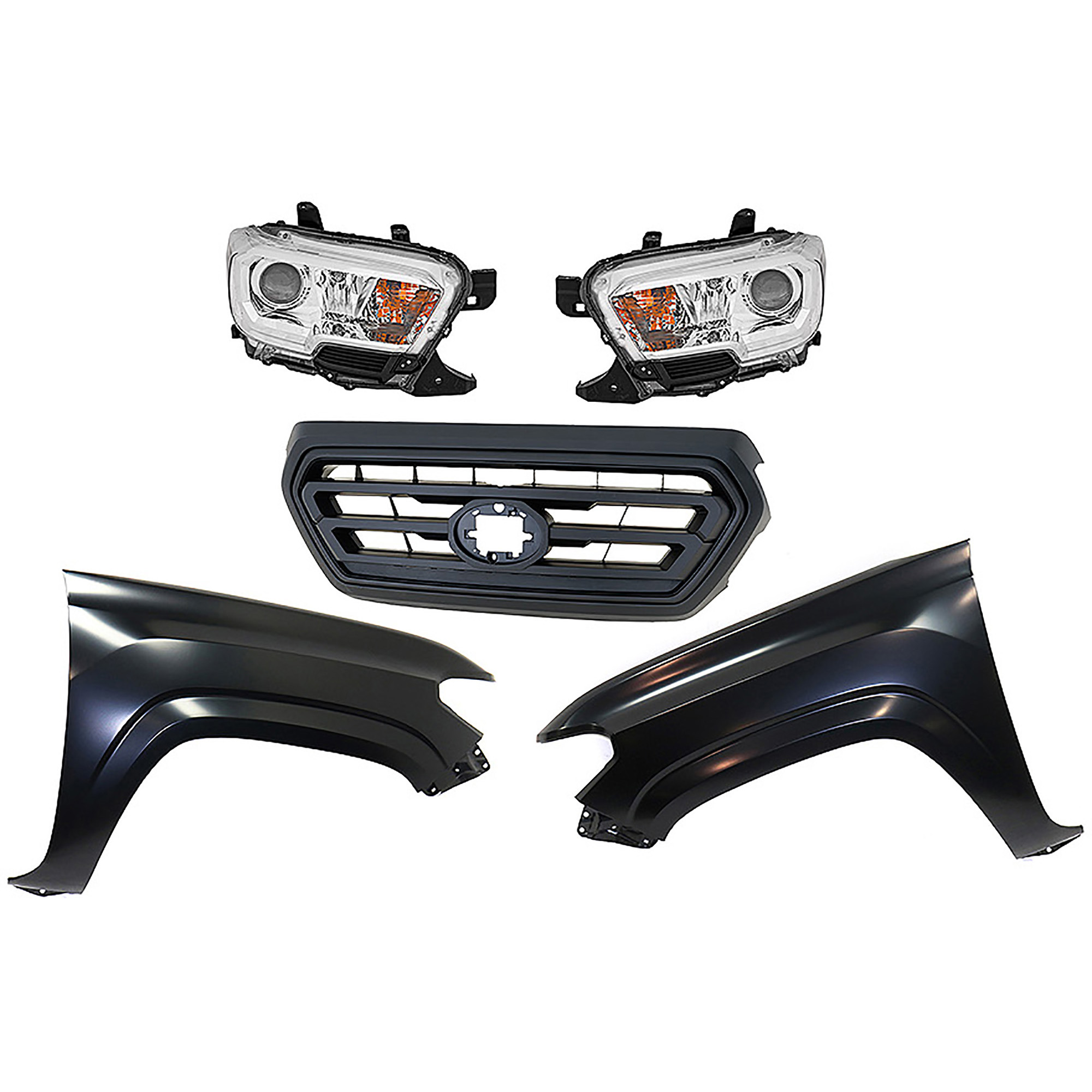 AM TACOMA 19-23 HEAD LAMP RH AND LH Assembly Halogen 5 pc Kit with Fenders and Grille Assembly SKU KIT 031323-325 Partslink TO2502284 TO2503284 TO1241261 TO1240261 TO1200478 OEM 8111004251-8115004251-53811041