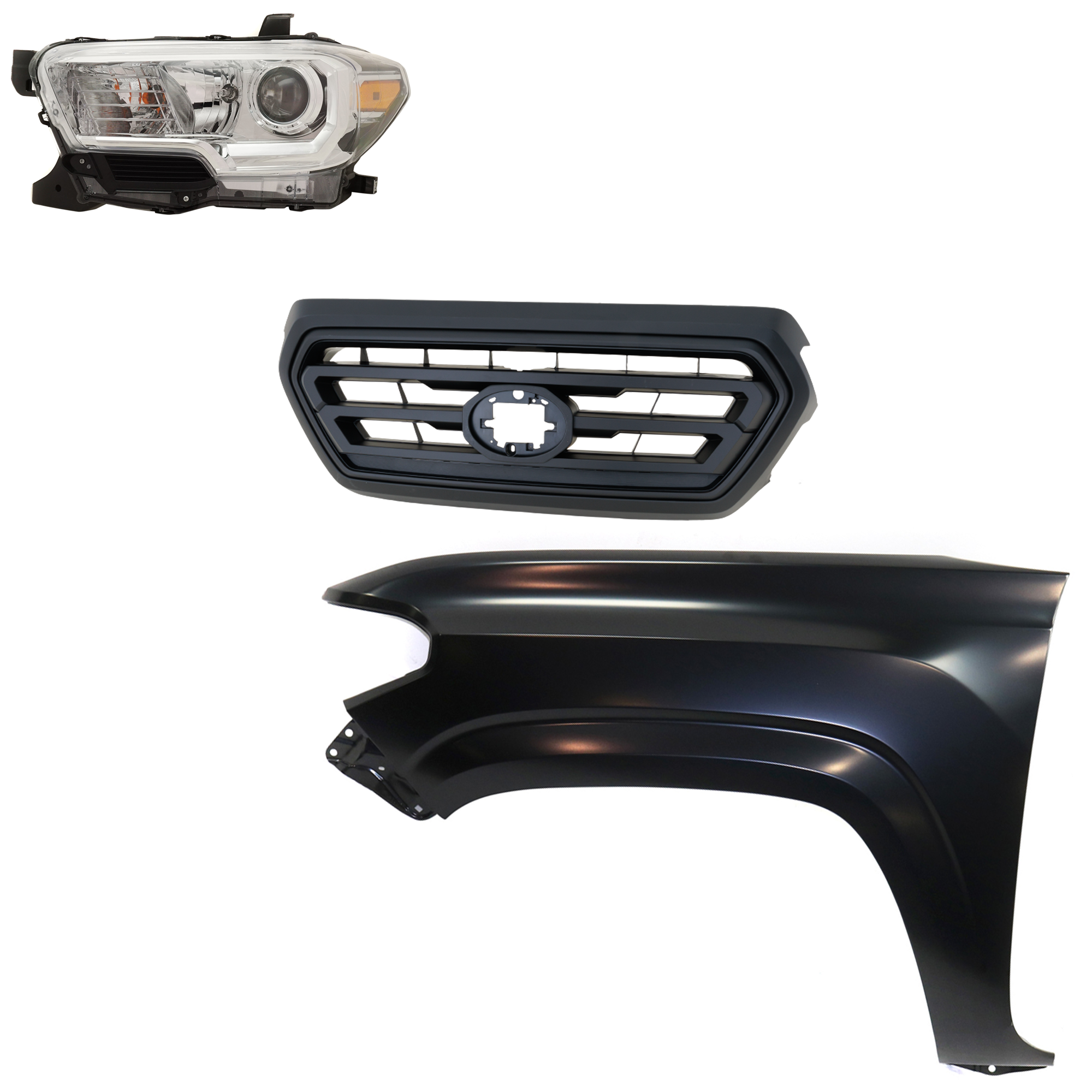 AM TACOMA 19-23 HEAD LAMP LH Assembly Halogen 3 pc Kit with Fender and Grille Assembly SKU KIT 031323-32602 Partslink TO2502276 TO1240261 TO1200478 OEM 8115004262-5381204110-53101040