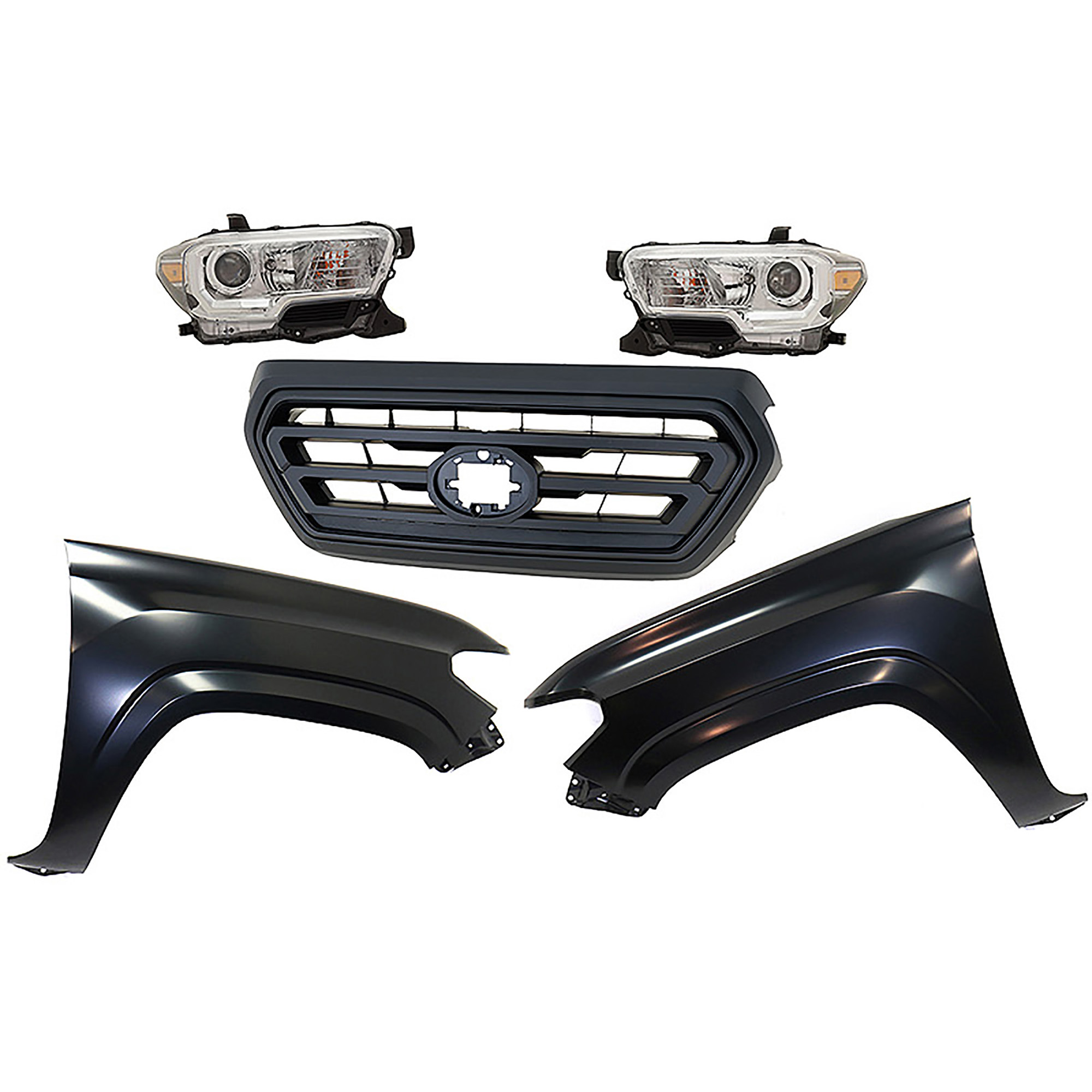 AM TACOMA 19-23 HEAD LAMP RH AND LH Assembly Halogen 5 pc Kit with Fenders and Grille Assembly SKU KIT 031323-326 Partslink TO2502276 TO2503276 TO1241261 TO1240261 TO1200478 OEM 8111004262-8115004262-53811041
