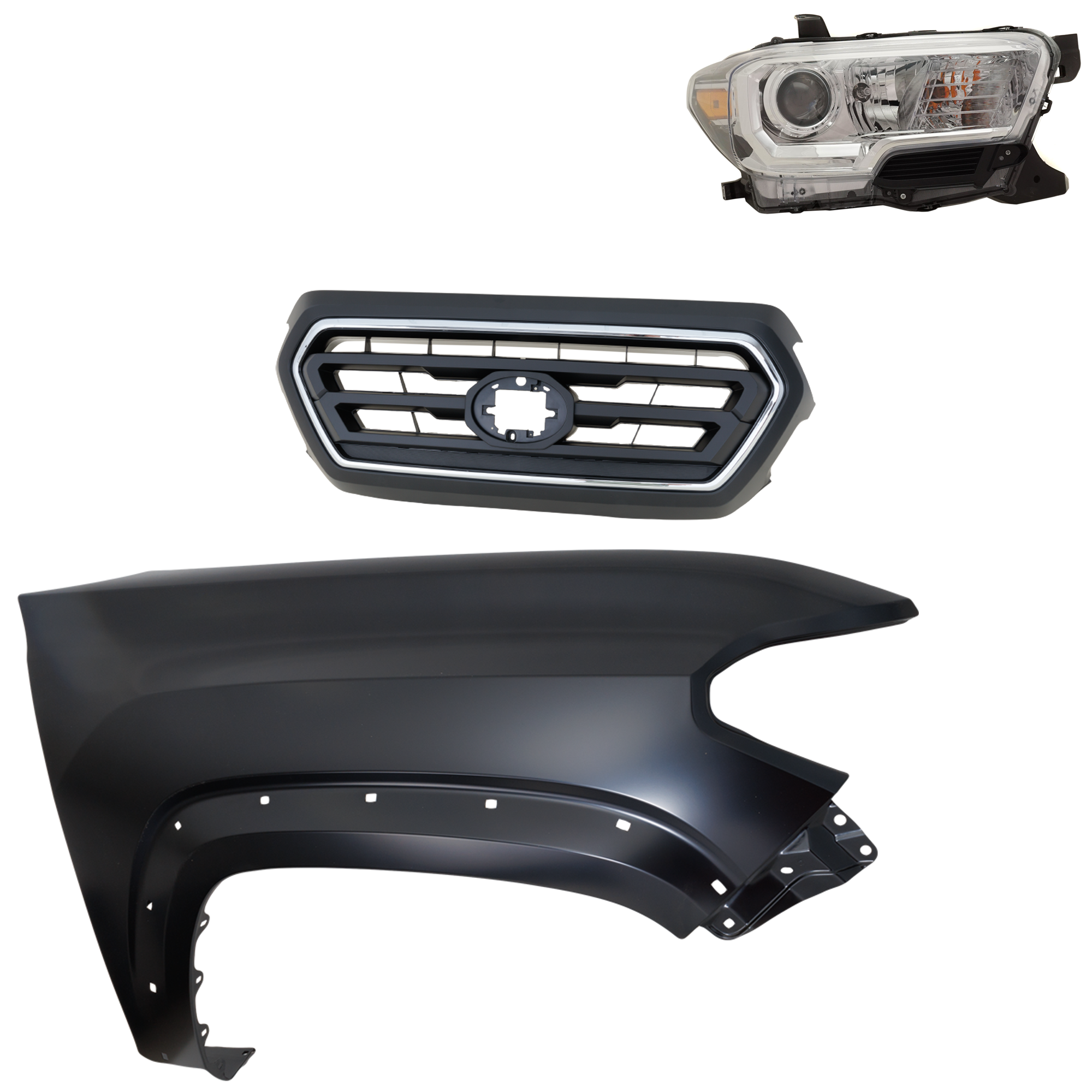AM TACOMA 20-23 GRILLE 3 pc Kit with Fender and Headlight SKU KIT 031323-33001 Partslink TO1200469 TO1241262C TO2503276C OEM 5310104080C0-5310104080A0-5381