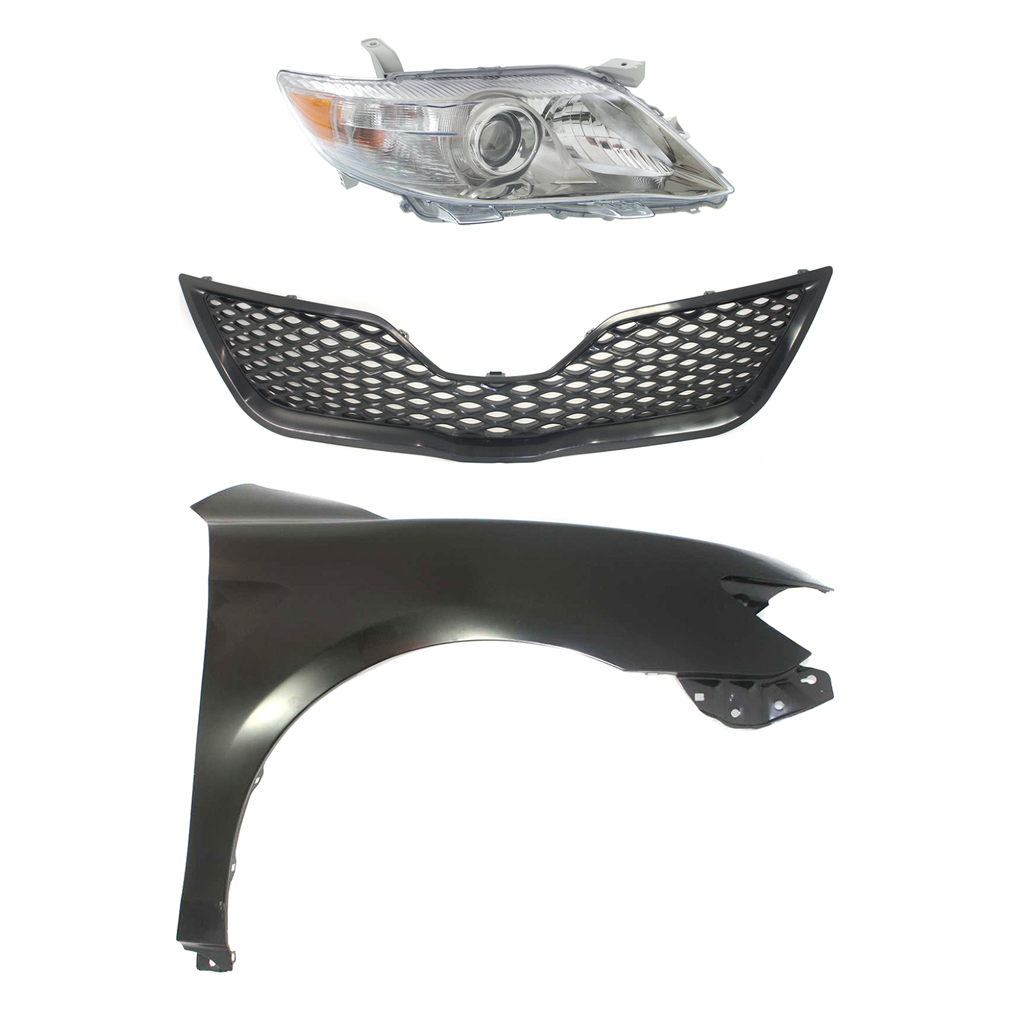 AM CAMRY 10-11 HEAD LAMP RH Assembly Halogen 3 pc Kit with Fender and Grille Assembly SKU KIT 031323-3301 Partslink TO2503193 TO1241211 TO1200323 OEM 8111006510-5380106110-53101062