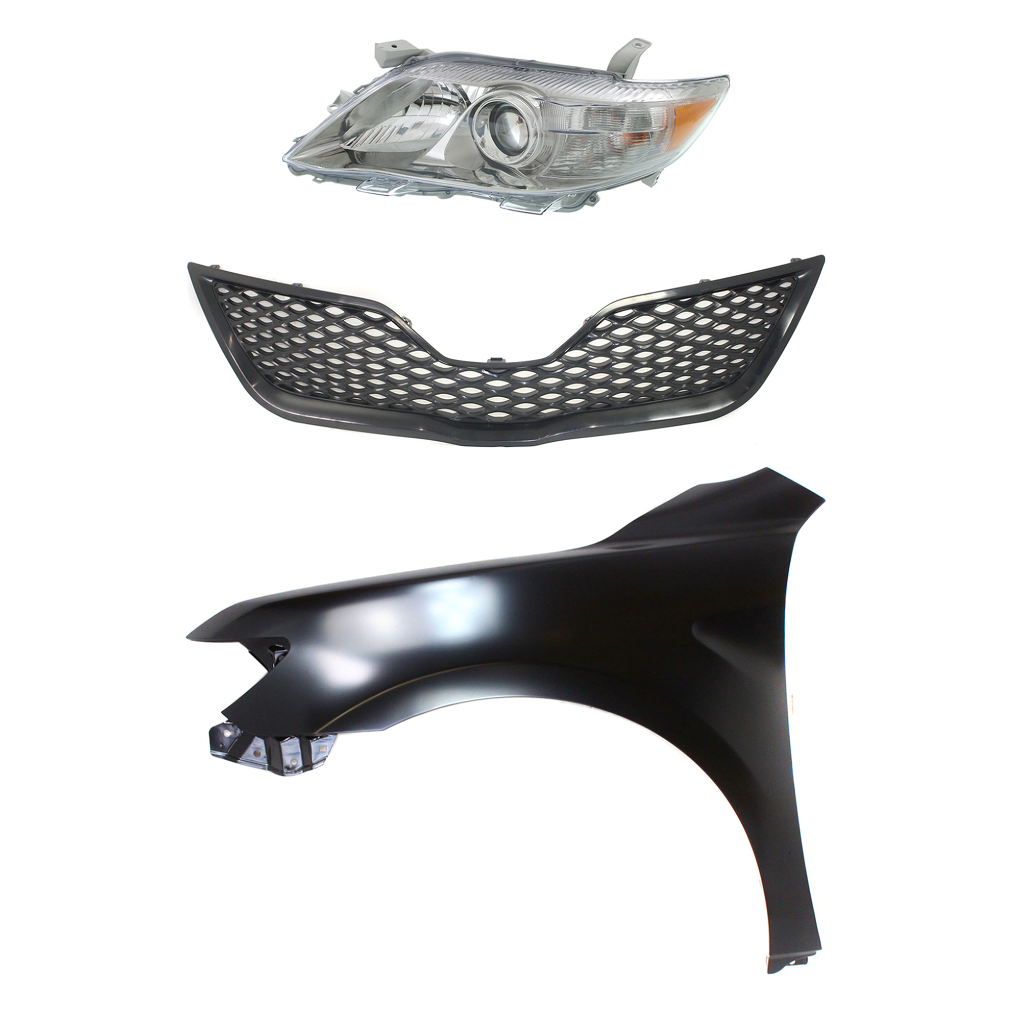 AM CAMRY 10-11 HEAD LAMP LH Assembly Halogen 3 pc Kit with Fender and Grille Assembly SKU KIT 031323-3302 Partslink TO2502193 TO1240211 TO1200323 OEM 8115006510-5380206120-53101062