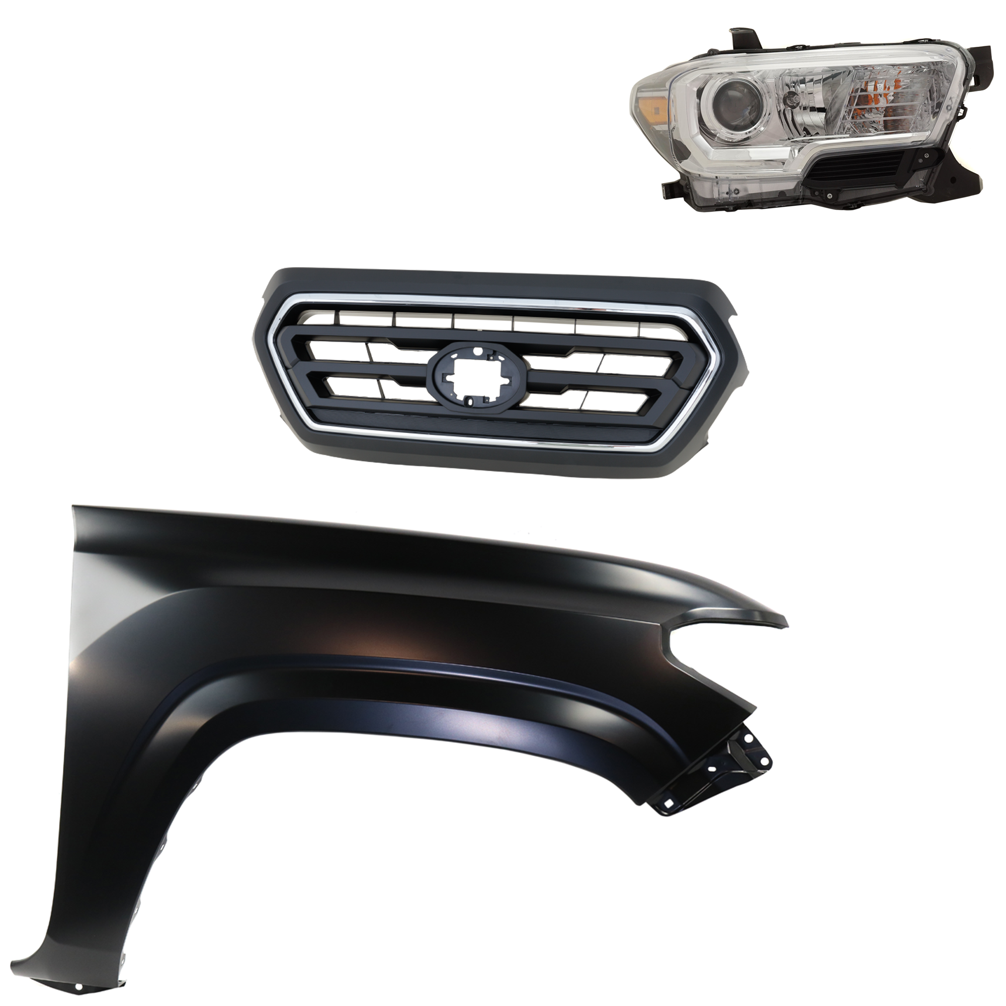AM TACOMA 20-23 GRILLE 3 pc Kit with Fender and Headlight SKU KIT 031323-33301 Partslink TO1200469 TO1241261C TO2503276C OEM 5310104080C0-5310104080A0-5381