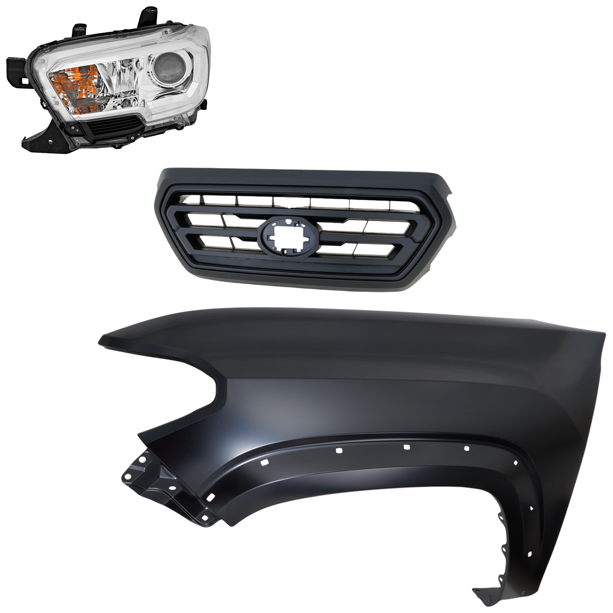 AM TACOMA 19-23 FRONT FENDER LH Primed 3 pc Kit with Grille and Headlight CAPA SKU KIT 031323-33502 Partslink TO1200478 TO1240262C TO2502284C OEM 5310104070C0-5310104070A0-5381