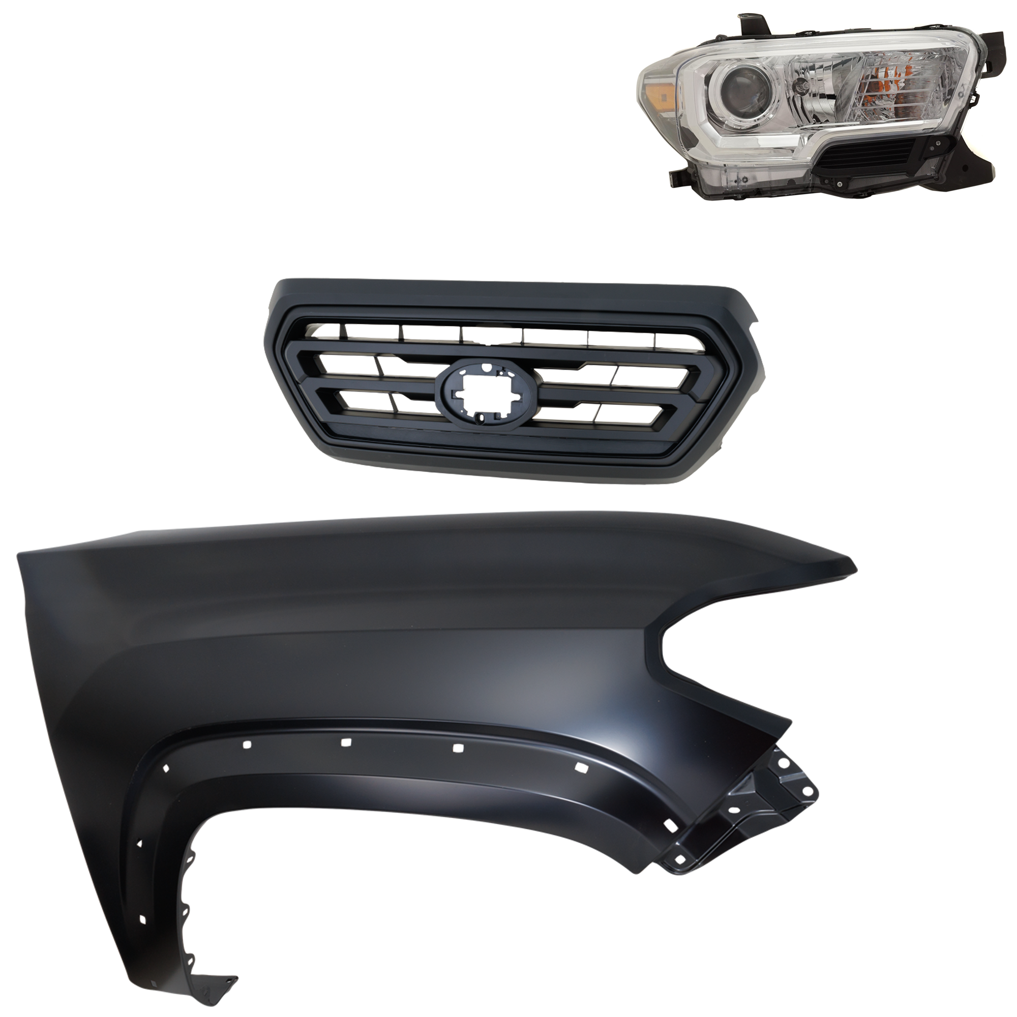 AM TACOMA 19-23 GRILLE 3 pc Kit with Fender and Headlight SKU KIT 031323-33601 Partslink TO1200478 TO1241262C TO2503276C OEM 5310104070C0-5310104070A0-5381
