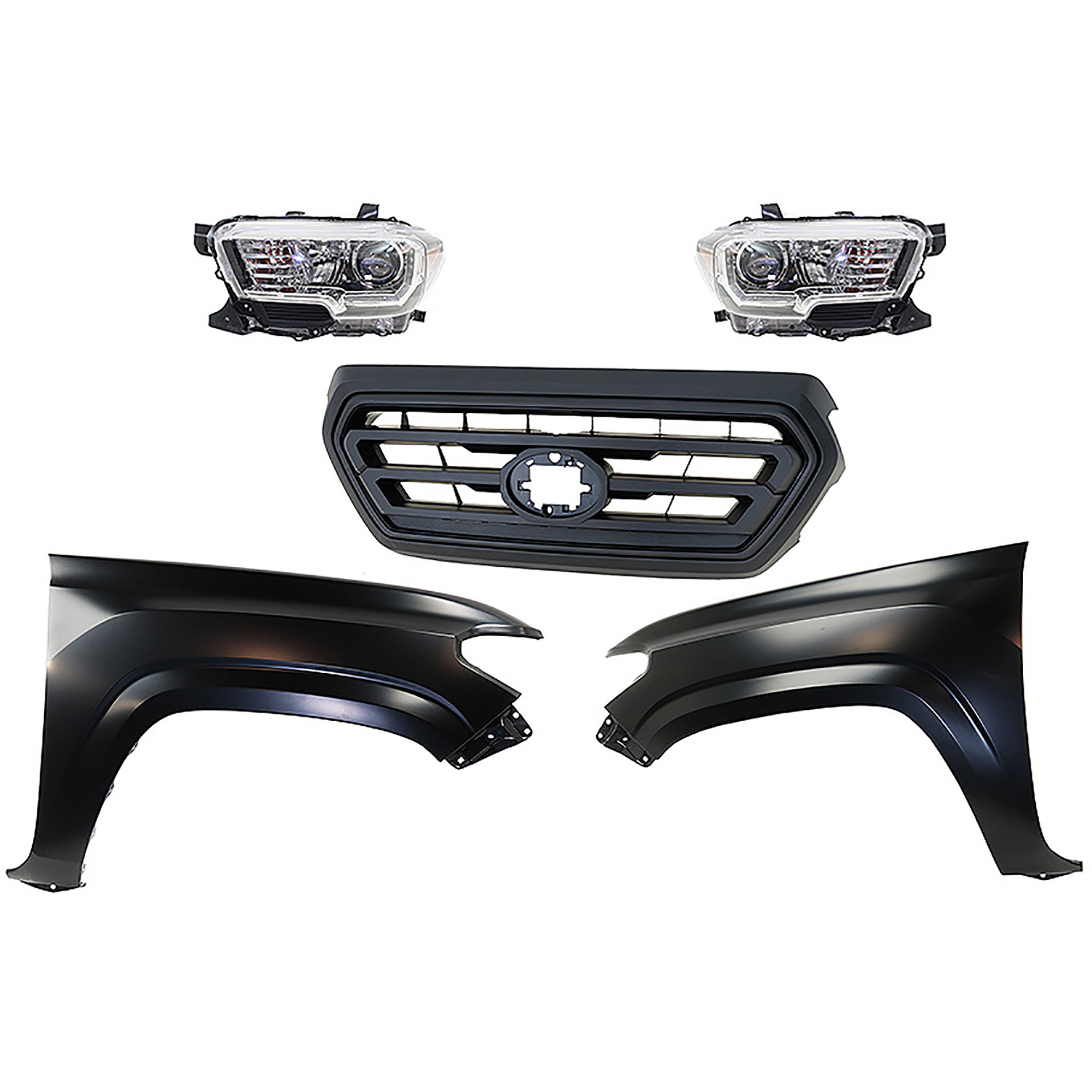 AM TACOMA 18-23 HEAD LAMP RH AND LH Assembly Halogen 5 pc Kit with Fenders and Grille Assembly CAPA SKU KIT 031323-338 Partslink TO1200478 TO1240261C TO1241261C TO2502244C TO2503244C OEM 5310104070C0-5310104070A0-5381