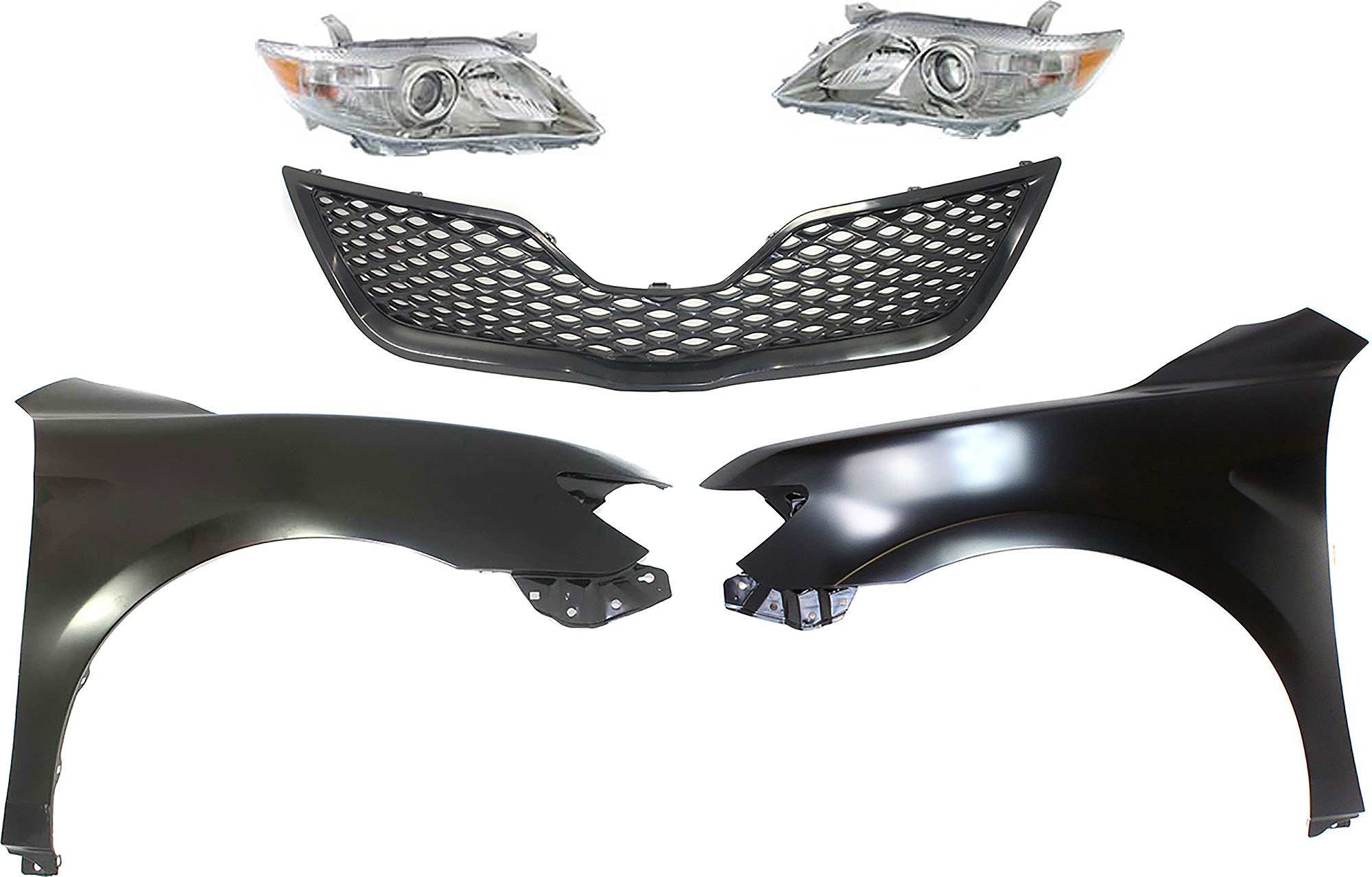 AM CAMRY 10-11 HEAD LAMP RH AND LH Assembly Halogen 5 pc Kit with Fenders and Grille Assembly SKU KIT 031323-33 Partslink TO2502193 TO2503193 TO1240211 TO1241211 TO1200323 OEM 8111006510-8115006510-53802061