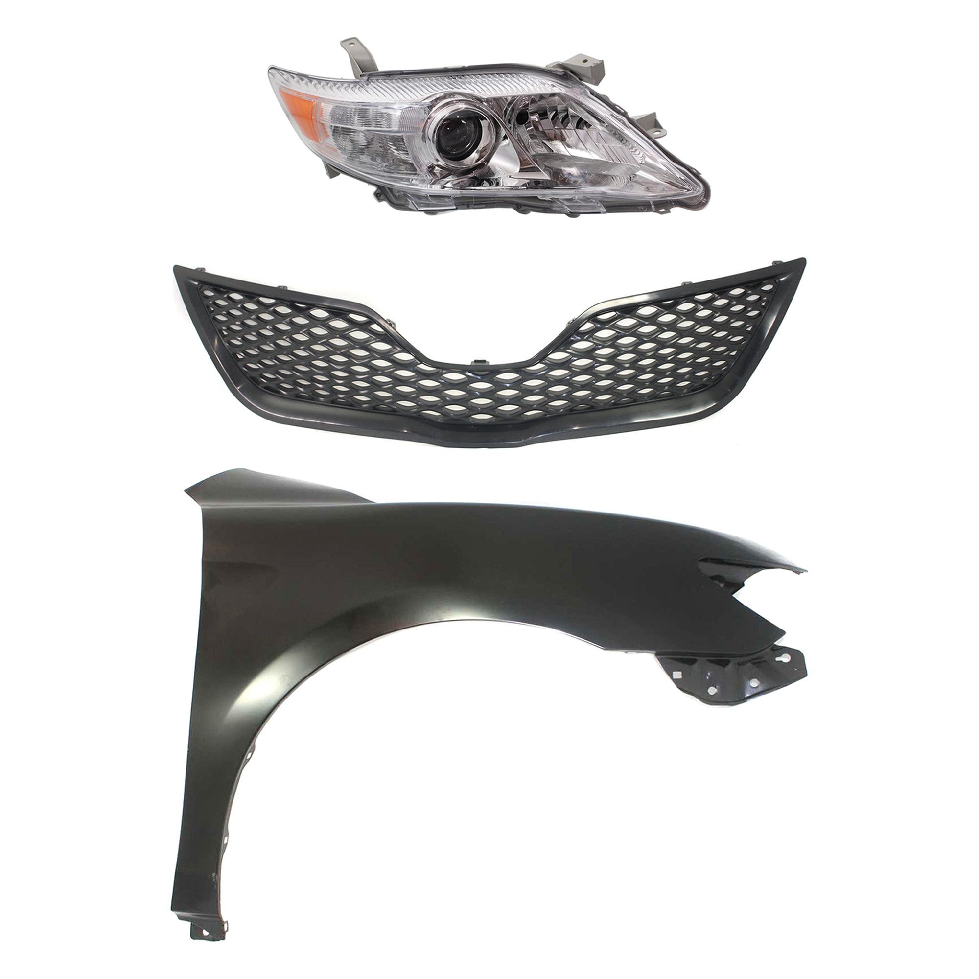 AM CAMRY 10-11 HEAD LAMP RH Lens and Housing Halogen 3 pc Kit with Fender and Grille Assembly SKU KIT 031323-3401 Partslink TO2519125 TO1241211 TO1200323 OEM 8113033700-5380106110-53101062