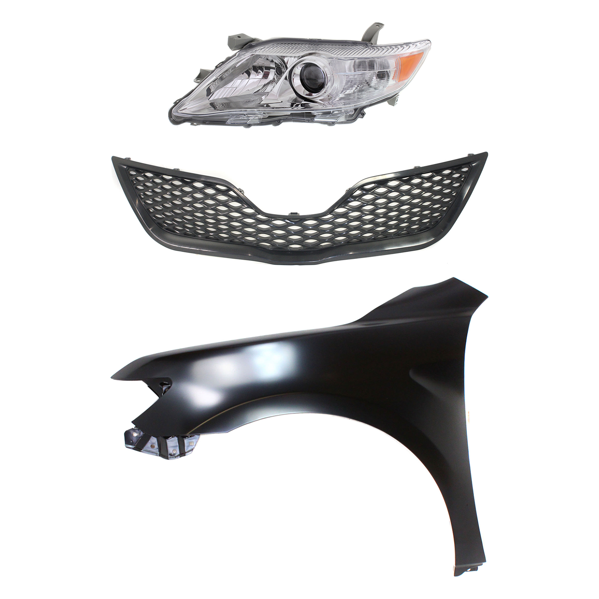 AM CAMRY 10-11 HEAD LAMP LH Lens and Housing Halogen 3 pc Kit with Fender and Grille Assembly SKU KIT 031323-3402 Partslink TO2518125 TO1240211 TO1200323 OEM 8117033700-5380206120-53101062