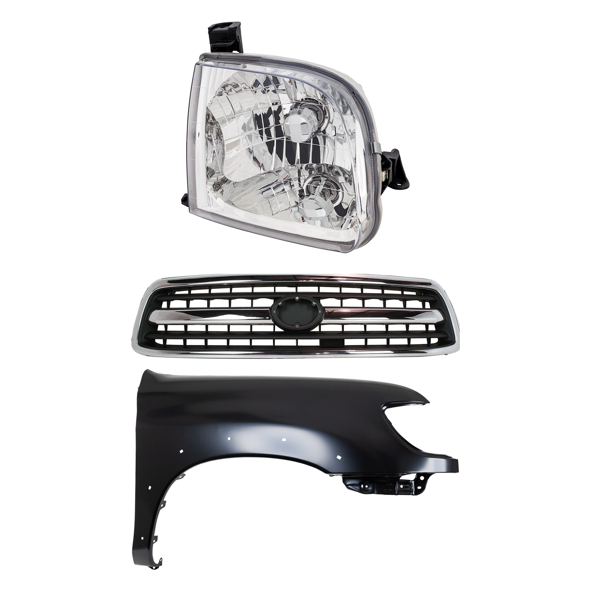 AM TUNDRA 00-02 GRILLE Chrome Shell with Painted Black Insert 3 pc Kit with Fender and Headlight SKU KIT 031323-34101 Partslink TO1200223 TO1241176 TO2503129 OEM 531000C020-538010C041-811100C0