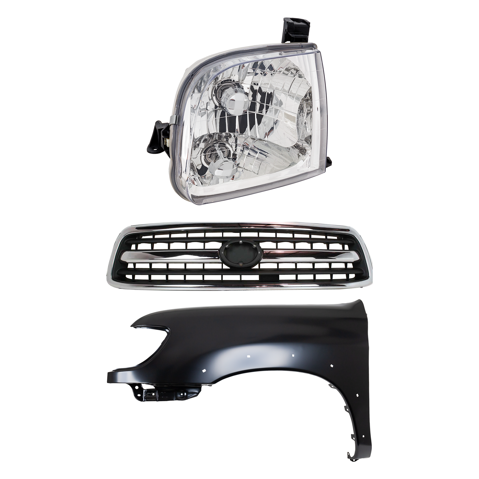 AM TUNDRA 00-02 GRILLE Chrome Shell with Painted Black Insert 3 pc Kit with Fender and Headlight SKU KIT 031323-34102 Partslink TO1200223 TO1240176 TO2502129 OEM 531000C020-538020C041-811500C0