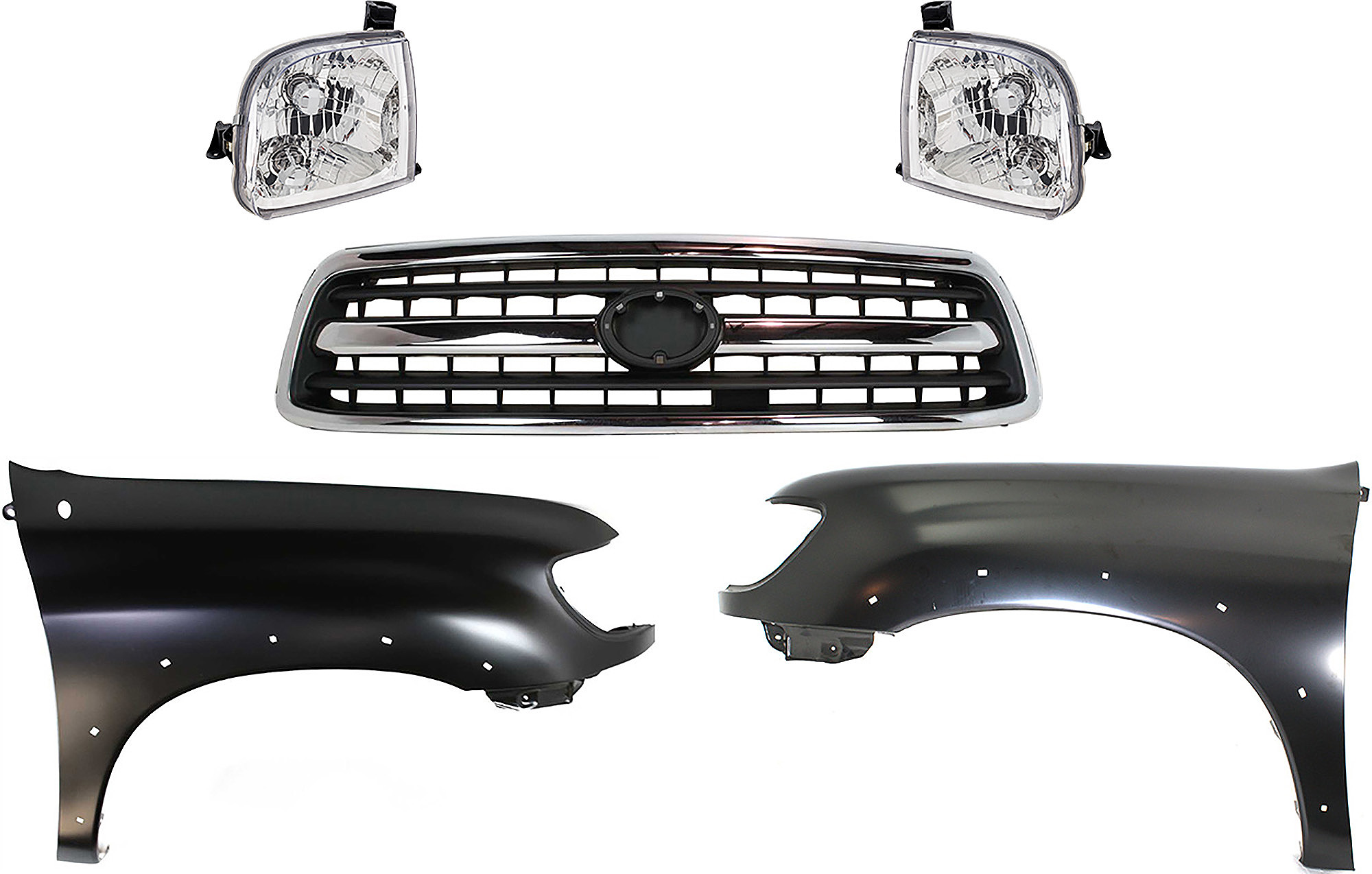 AM TUNDRA 00-02 GRILLE Chrome Shell with Painted Black Insert 5 pc Kit with Fenders and Headlights SKU KIT 031323-341 Partslink TO1200223 TO1241176 TO1240176 TO2503129 TO2502129 OEM 531000C020-538010C041-538020C0