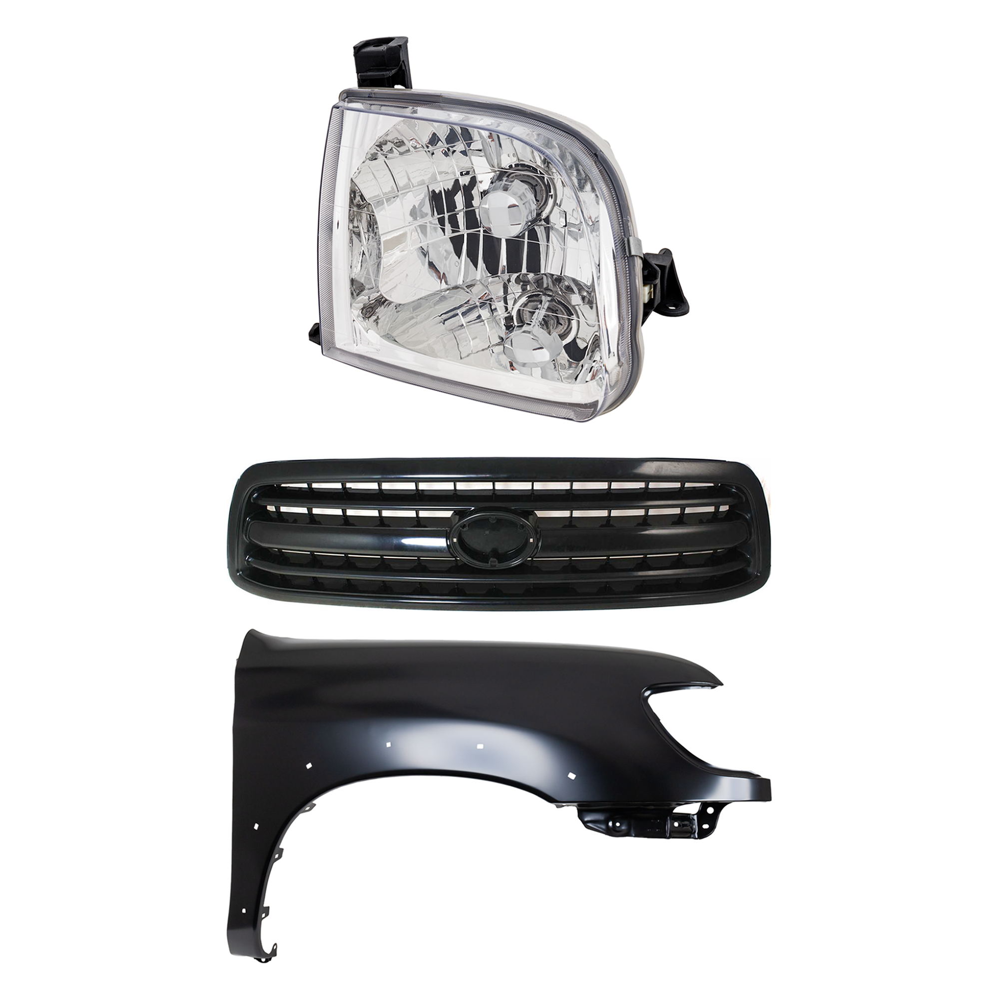 AM TUNDRA 00-02 FRONT FENDER RH Primed 3 pc Kit with Grille and Headlight SKU KIT 031323-34201 Partslink TO1241176 TO1200224 TO1200226 TO2503129 OEM 538010C041-531000C010-811100C0