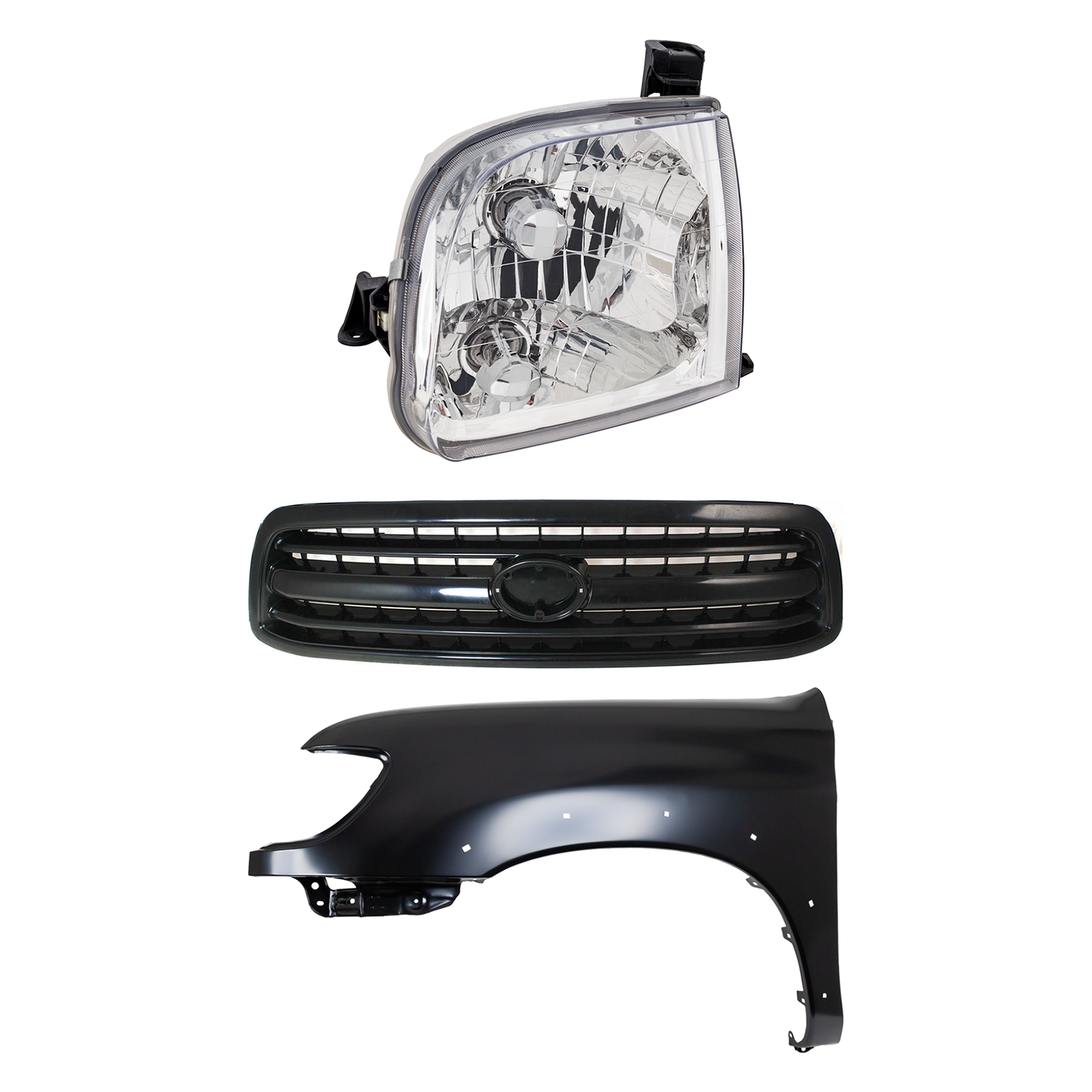 AM TUNDRA 00-02 FRONT FENDER LH Primed 3 pc Kit with Grille and Headlight SKU KIT 031323-34202 Partslink TO1240176 TO1200224 TO1200226 TO2502129 OEM 538020C041-531000C010-811500C0