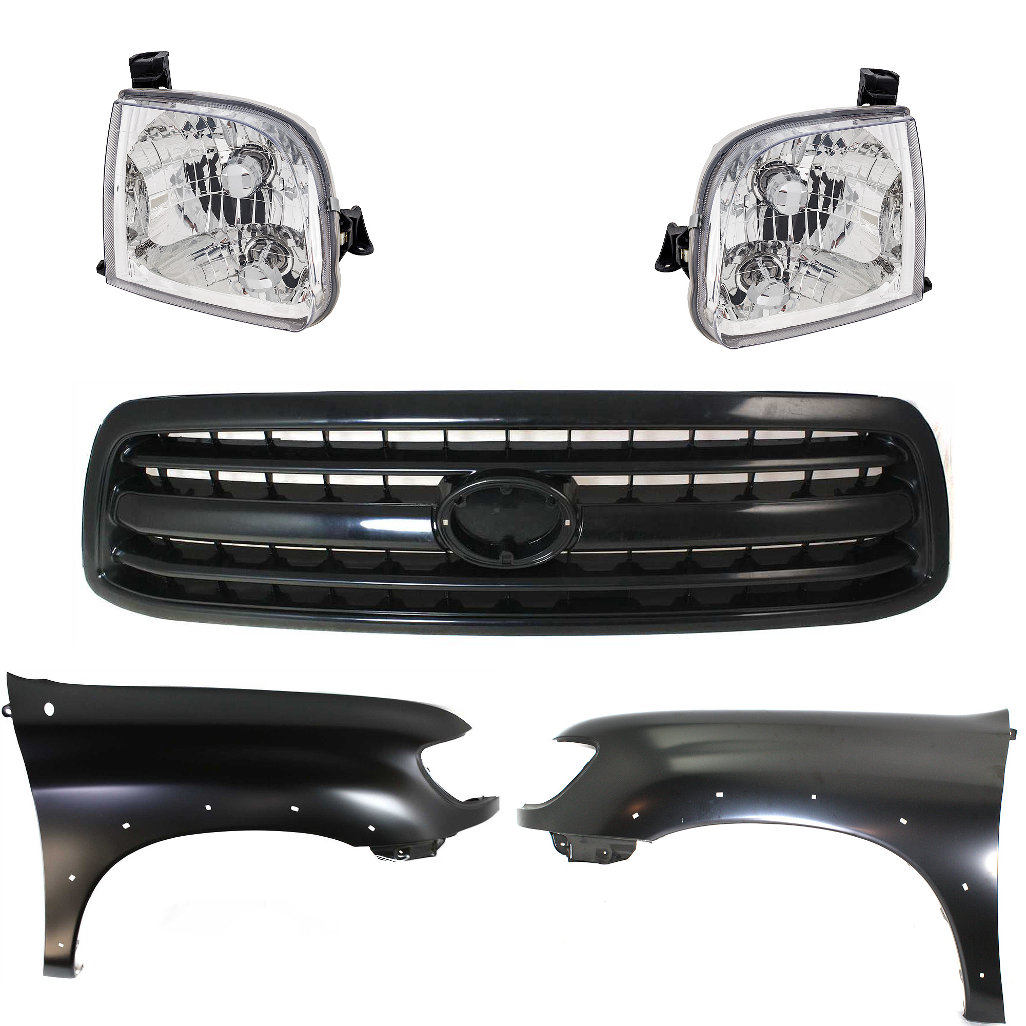 AM TUNDRA 00-02 FRONT FENDER RH AND LH Primed 5 pc Kit with Grille and Headlights SKU KIT 031323-342 Partslink TO1240176 TO1241176 TO1200224 TO1200226 TO2503129 TO2502129 OEM 538010C041-538020C041-531000C0