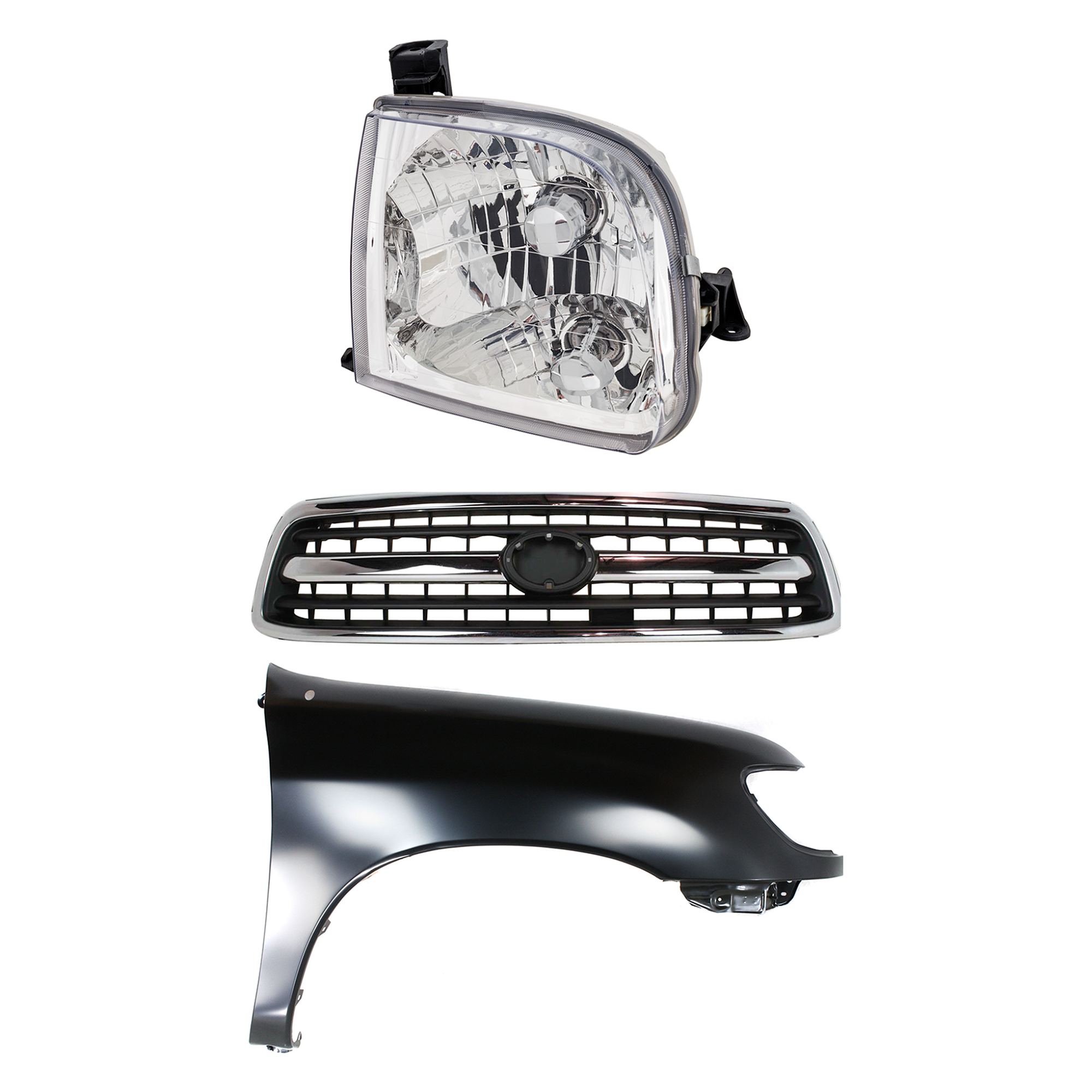 AM TUNDRA 00-02 GRILLE Chrome Shell with Painted Black Insert 3 pc Kit with Fender and Headlight SKU KIT 031323-34301 Partslink TO1200223 TO1241177 TO2503129 OEM 531000C020-538010C031-811100C0