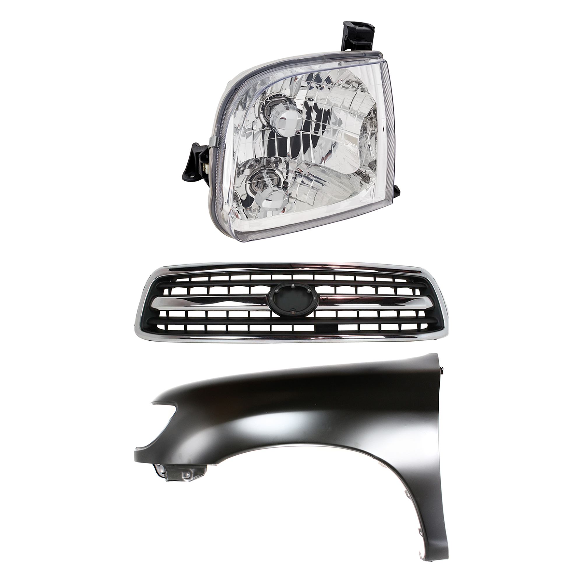 AM TUNDRA 00-02 GRILLE Chrome Shell with Painted Black Insert 3 pc Kit with Fender and Headlight SKU KIT 031323-34302 Partslink TO1200223 TO1240177 TO2502129 OEM 531000C020-538020C031-811500C0