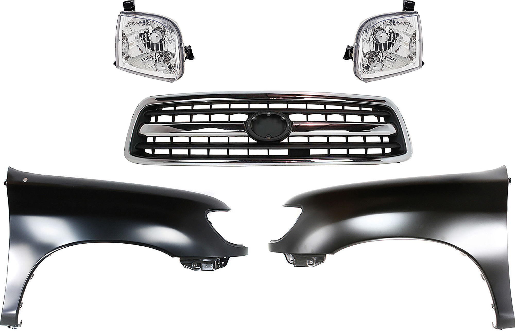 AM TUNDRA 00-02 GRILLE Chrome Shell with Painted Black Insert 5 pc Kit with Fenders and Headlights SKU KIT 031323-343 Partslink TO1200223 TO1240177 TO1241177 TO2503129 TO2502129 OEM 531000C020-538020C031-538010C0