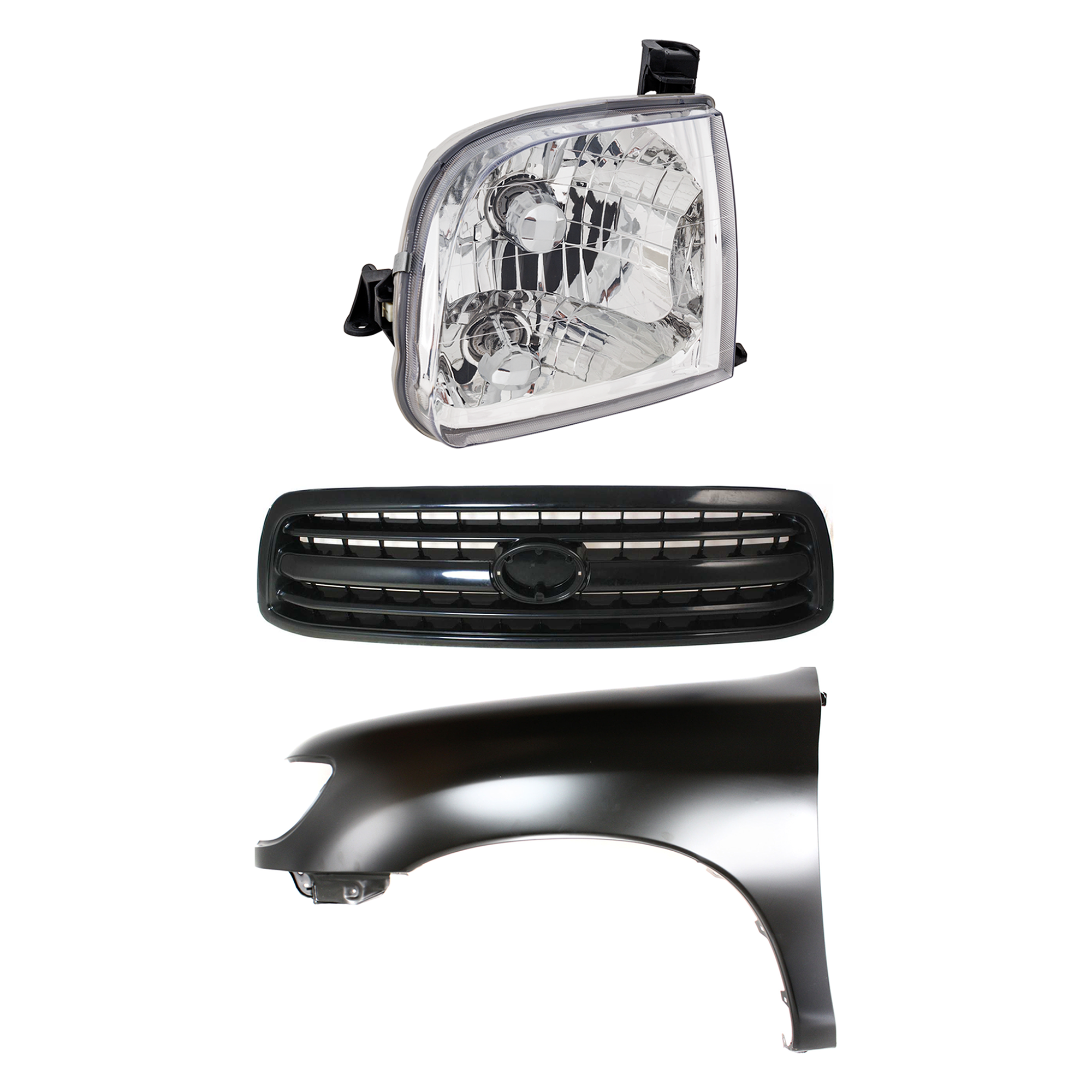 AM TUNDRA 00-02 FRONT FENDER LH Primed 3 pc Kit with Grille and Headlight SKU KIT 031323-34402 Partslink TO1240177 TO1200224 TO1200226 TO2502129 OEM 538020C031-531000C010-811500C0